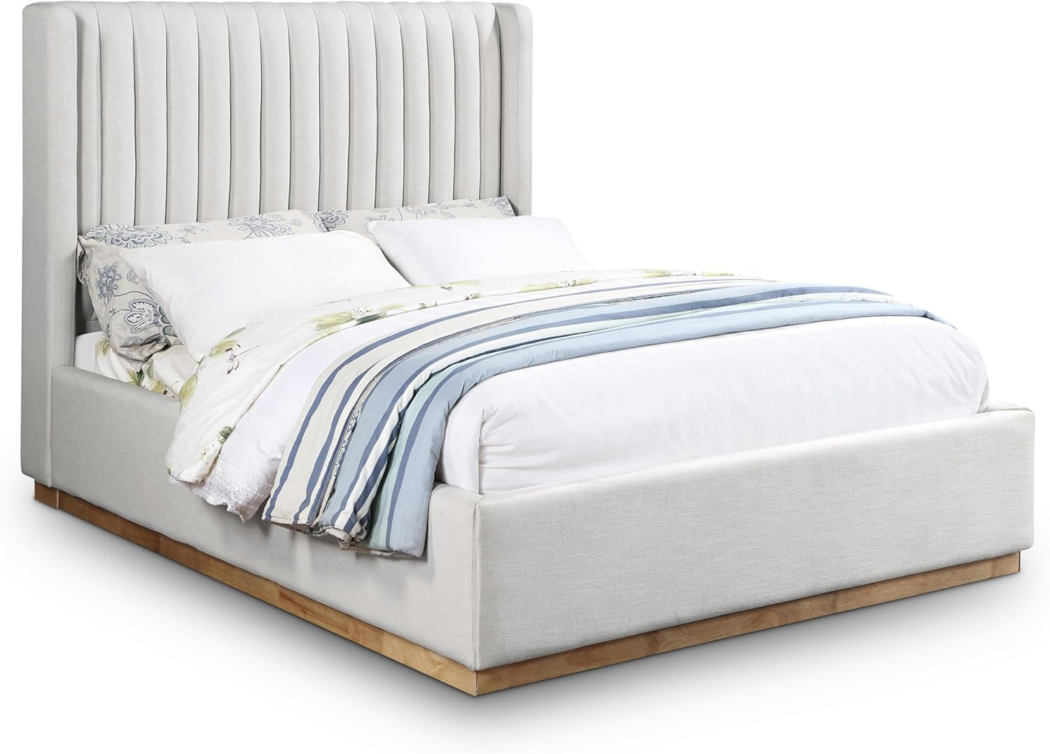Meridian Furniture Queen Contemporary Linen Fabric Wingback Bed, Cream