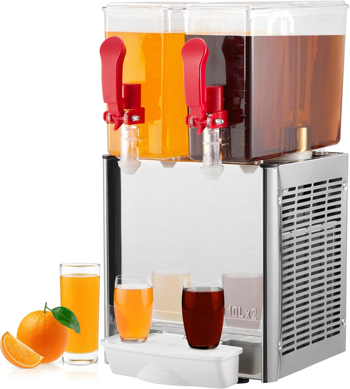 Commercial Beverage Dispenser, Towallmark 2 Tanks 5.28 Gallon 20L Commercial Juice Dispenser, 10 Liter Per Tank, 280W Stainless Steel Food Grade Ice Tea Drink Dispenser with Thermostat Controller