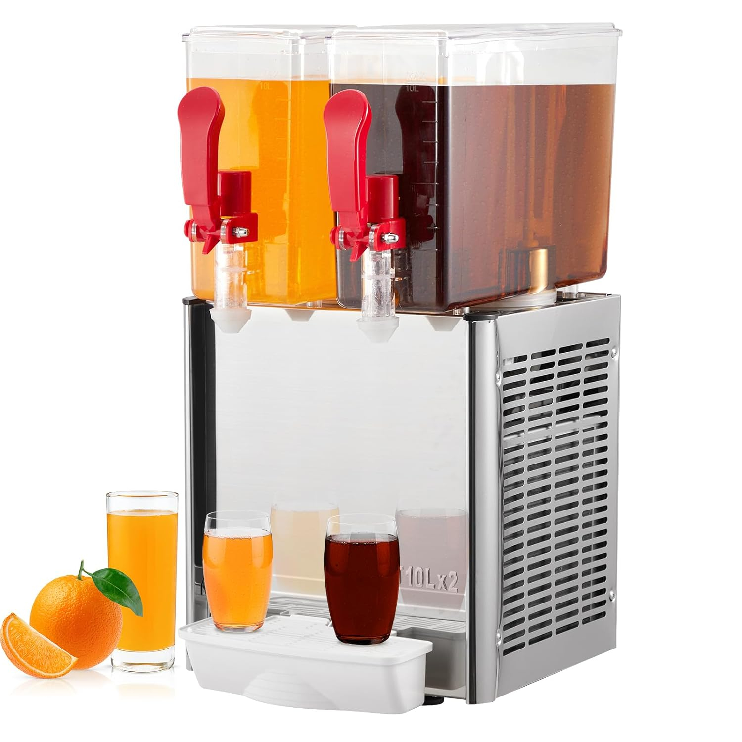 Commercial Beverage Dispenser, Towallmark 2 Tanks 5.28 Gallon 20L Commercial Juice Dispenser, 10 Liter Per Tank, 280W Stainless Steel Food Grade Ice Tea Drink Dispenser with Thermostat Controller