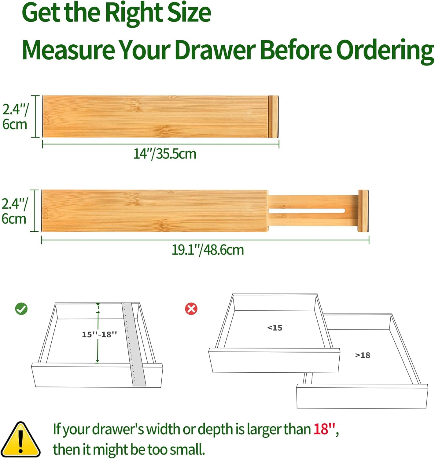VaeFae 6-Pack Bamboo Drawer Dividers (Fits 15"-18" Drawer Inner Dimensions), Adjustable Expandable Organizer, Multi-Functional for Kitchen, Bedroom, Office & Bathroom