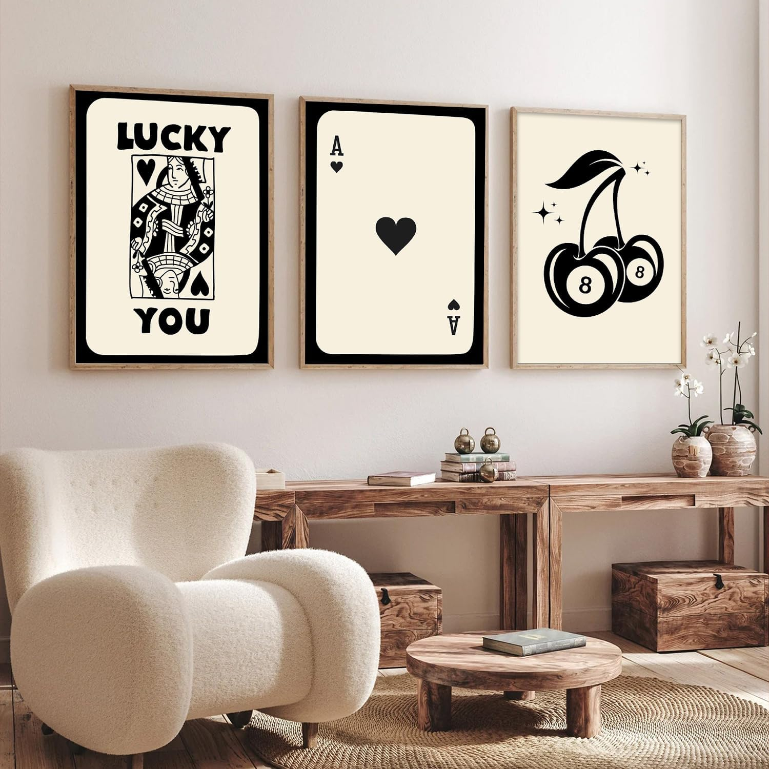 3 Piece Trendy Retro Feeling Lucky You Poster Funky 8 Ball Dice Cherry Canvas Wall Art Queen Poker Prints Poster for Room Aesthetic Girl Dorm Bedroom Wall Decor Trendy Set of 3 Unframed 12x16Inch