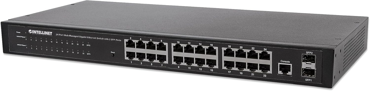 Intellinet 24-Port Web-Managed Gigabit Ethernet Switch with 2 SFP Ports | Fanless | VLAN, SNMP, 802.1X | NDAA
