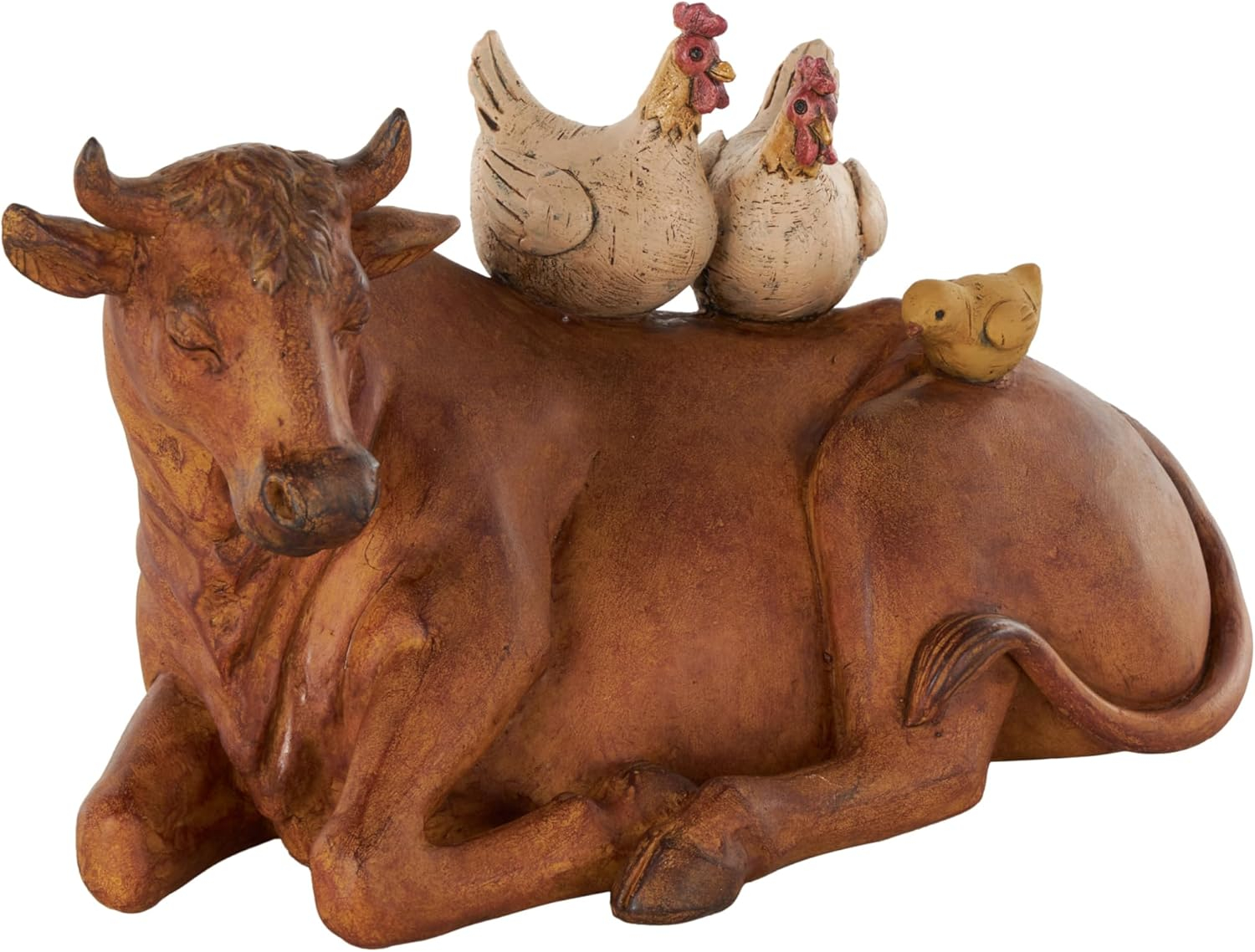 Deco 79 Polystone Cow Sculpture with Sitting Roosters and Chicks, 12" x 6" x 7", Copper