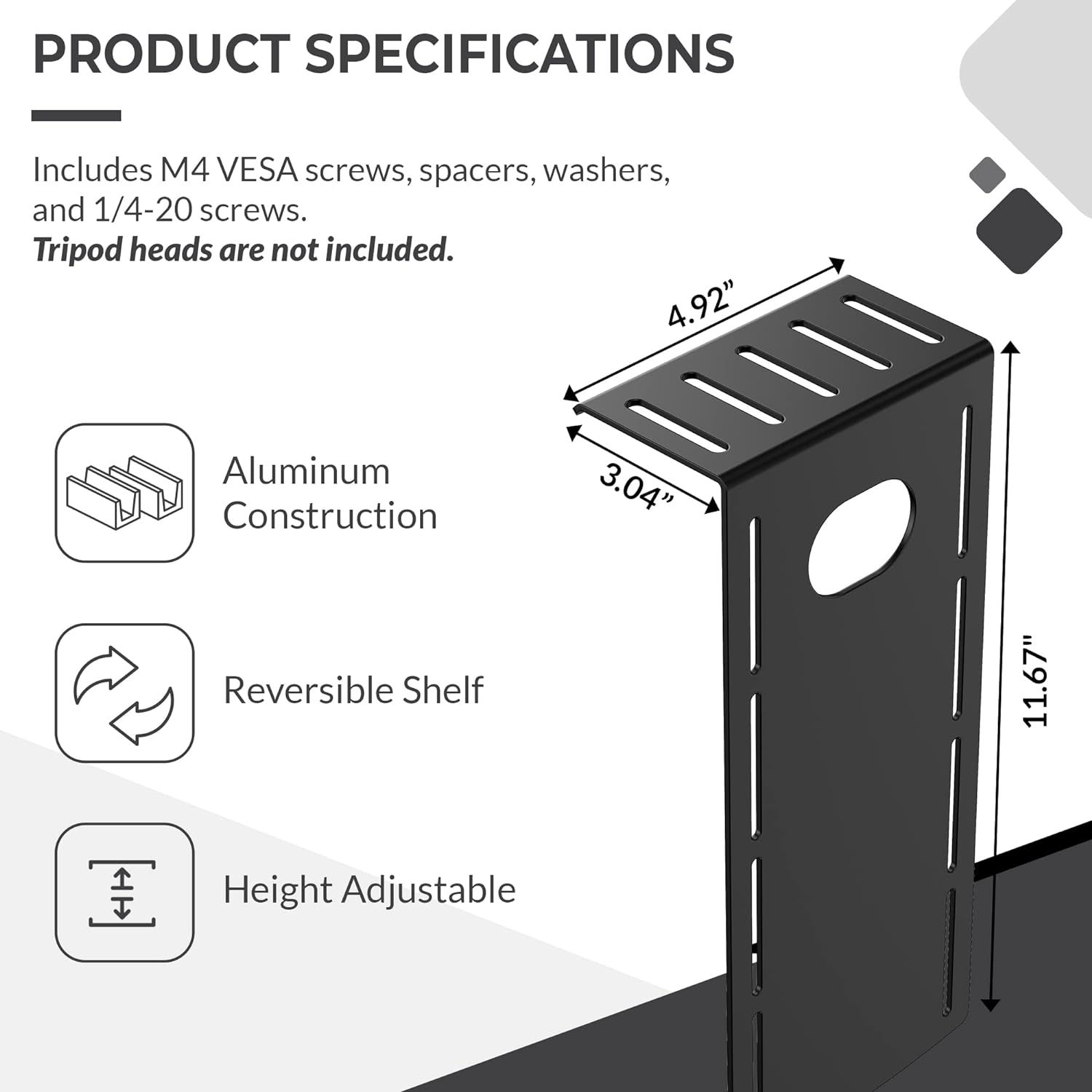 HumanCentric DSLR Monitor Mount Small, Desk Camera Mounting, Light Webcam, Microphone Shelf for Monitor VESA Arm, Replace Clamp Tripods, 100x100mm Patterns, Aluminum, Hardware Included