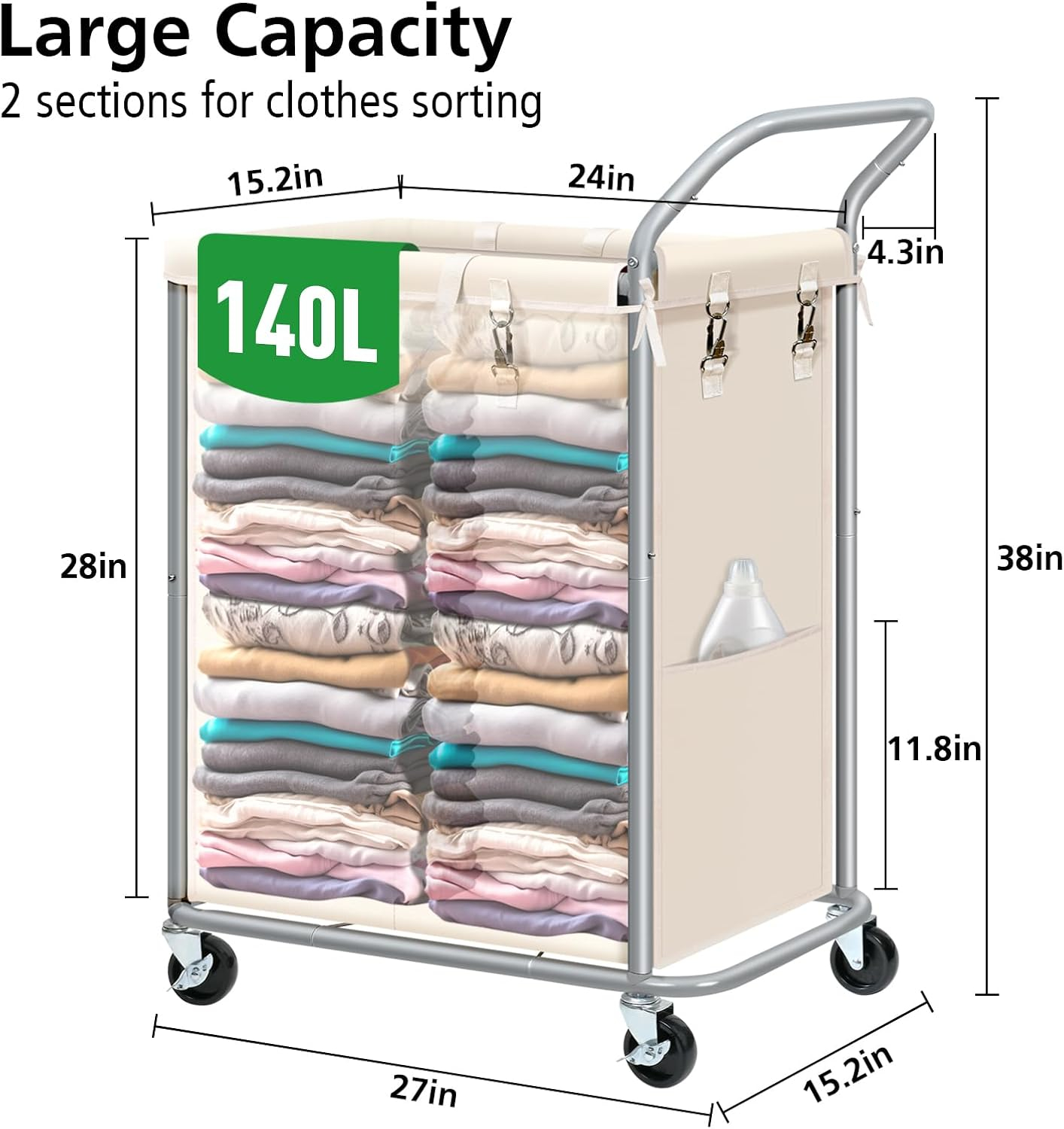 Beige 140L Rolling Laundry Sorter with Steel Frame and Removable Liner