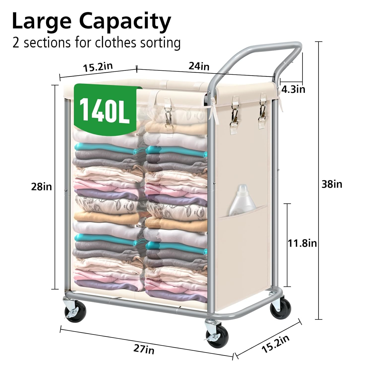 Beige 140L Rolling Laundry Sorter with Steel Frame and Removable Liner