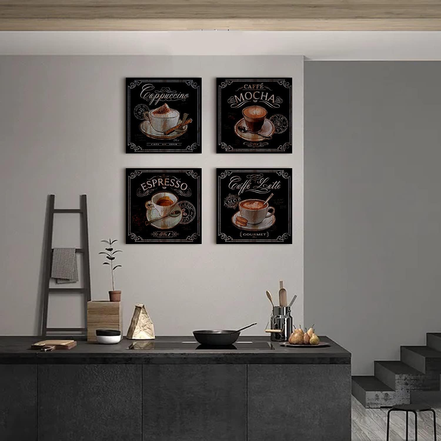 Kitchen Wall Art Coffee Wall Art Vintage Brown Black Cafe Pictures Dining Room Bar Wall Decor Fireplace Sign Bean Modern Artwork Canvas Coffee Shop Painting Family Restaurant Home Decoration 12x12" 4P