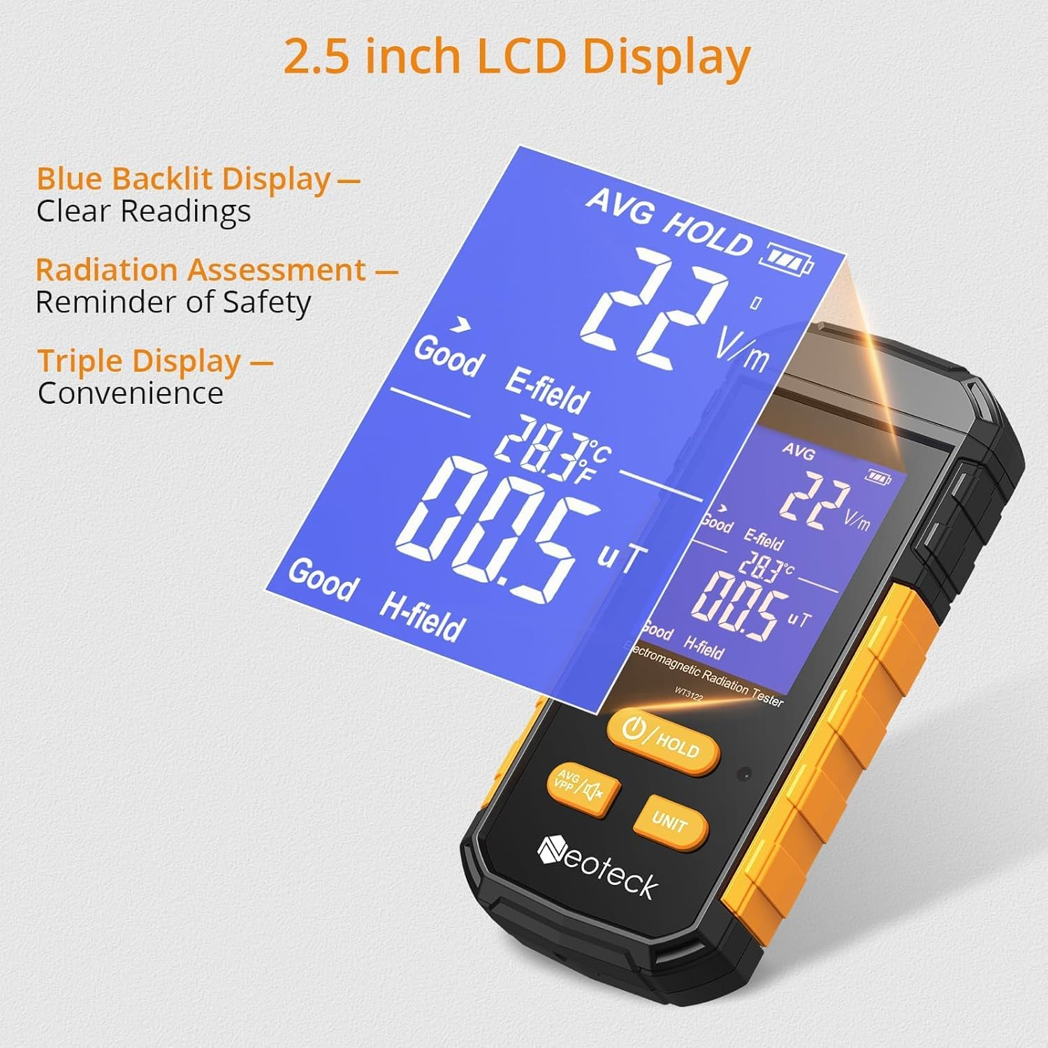 Neoteck 3-in-1 EMF Meter Rechargeable Electromagnetic Radiation Detector for EF MF and Temperature LCD Backlit Audible Alarm 1~1999V/m Electric Field 0.01~99.99ut Magnetic Field(RF Not Included)