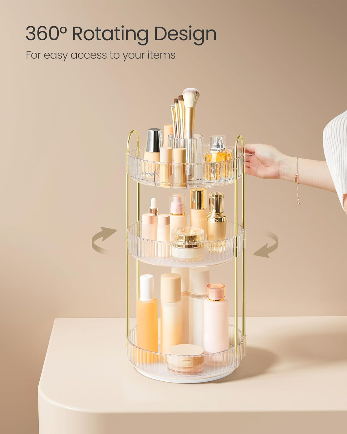 SONGMICS Makeup Organizer, 3-Tier Round Rotating Skincare Organizer Countertop, Customizable, Toiletries Vanity Organizer, Lazy Susan, Gift, Transparent UJKA011W02