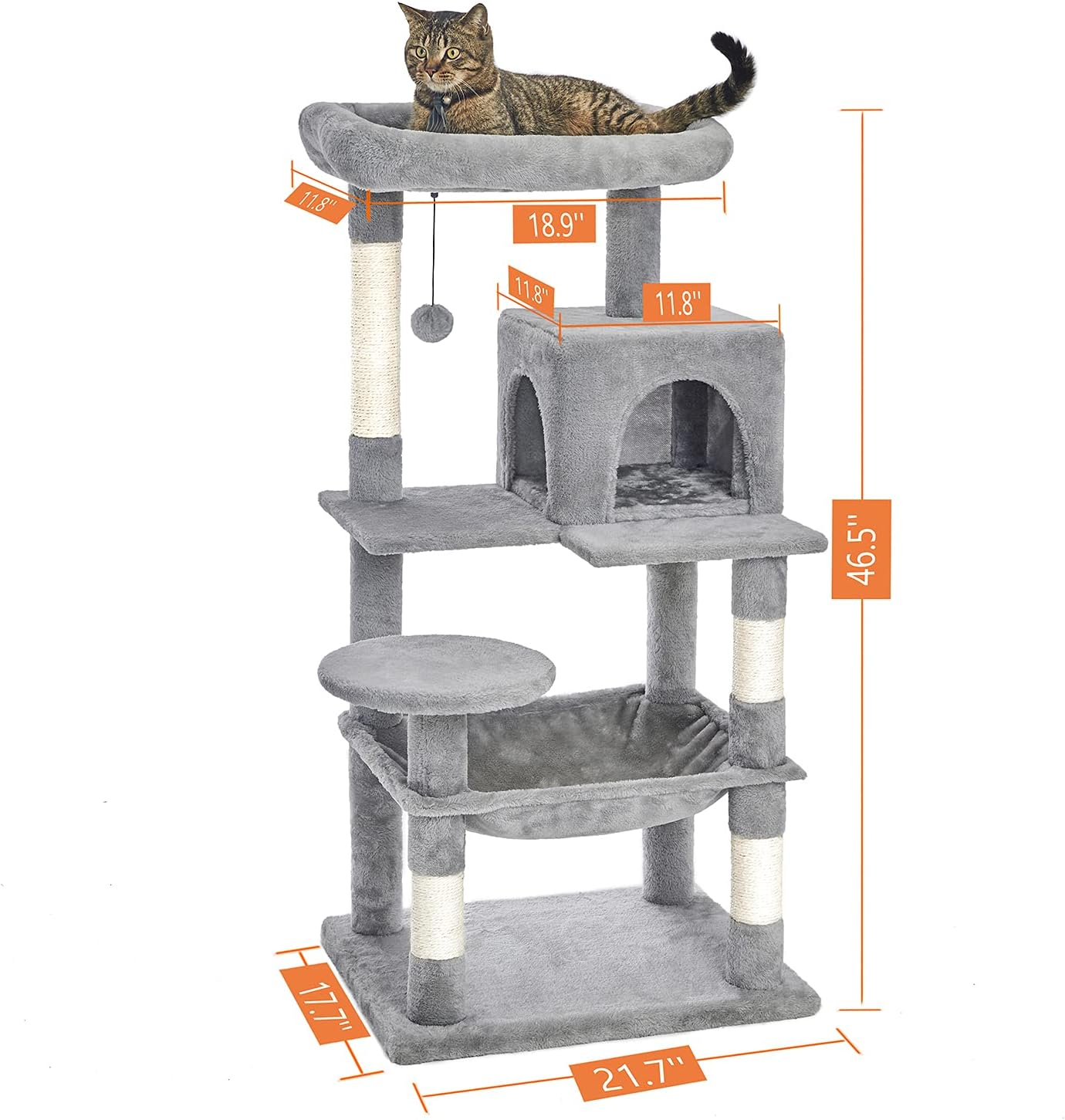 Catinsider 46.5 inches Cat Tree Multi-Level Cat Tower with Sisal-Covered Scratching Posts, Plush Perches, Hammock and Condo for Cats Light Gray