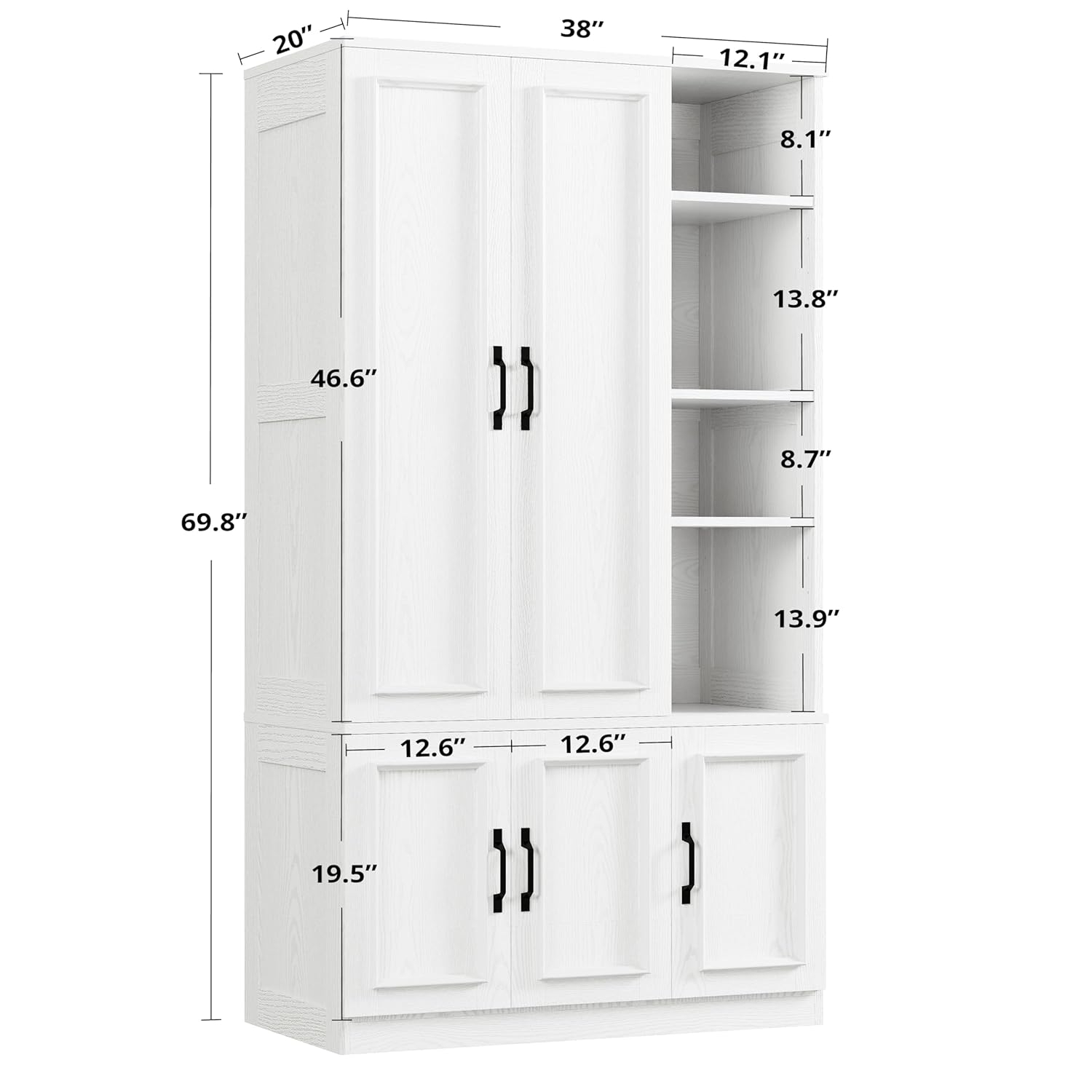 LIKIMIO Armoire Wardrobe Closet 70" H, 5 Doors Bedroom Wooden Wardrobe with 4 Storage Shelves and Hanging Rod, Clothing Storage Cabinet Organizer Combination, White