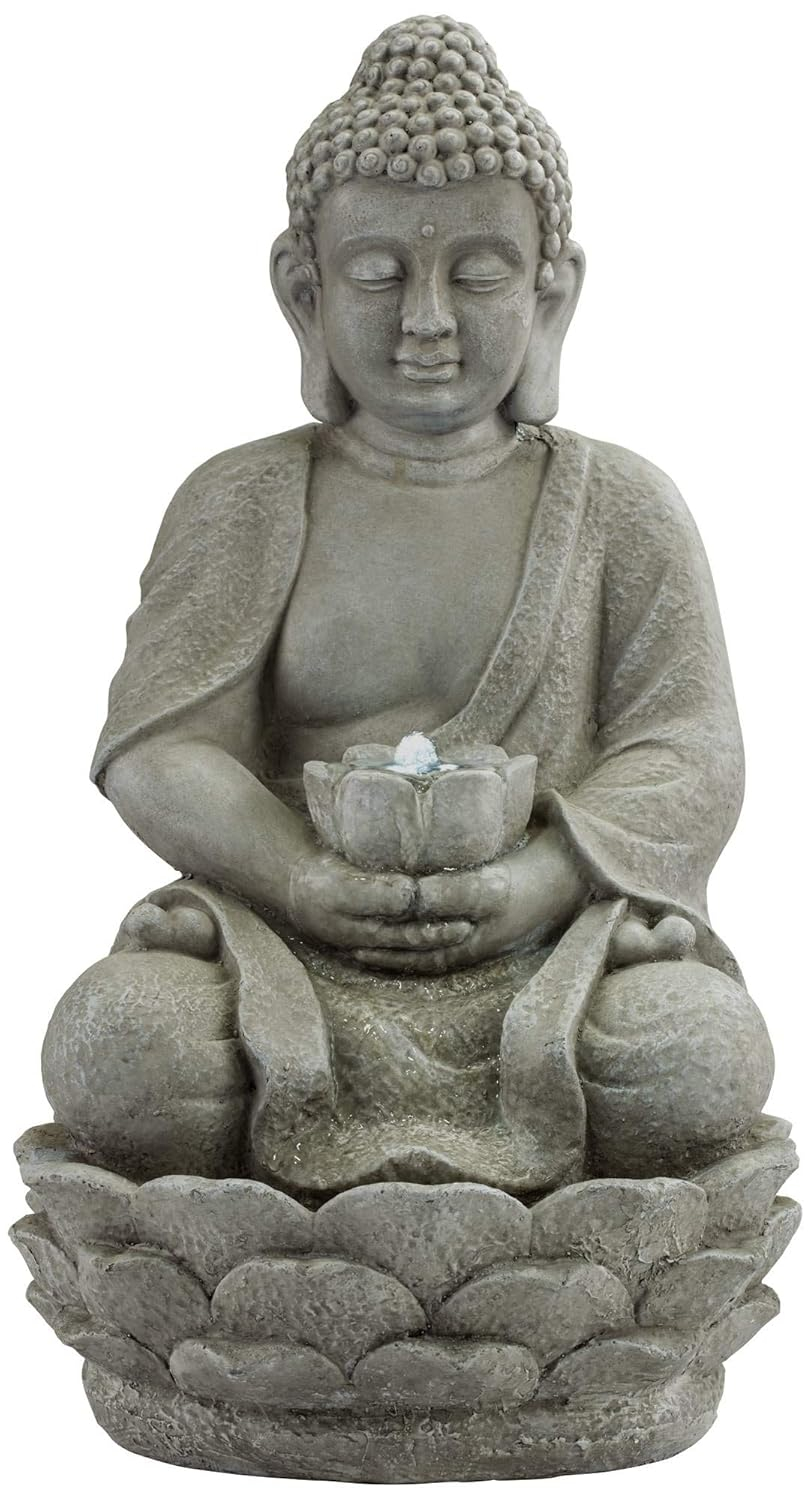 Zen Buddha Gray Resin Outdoor Fountain with LED Light