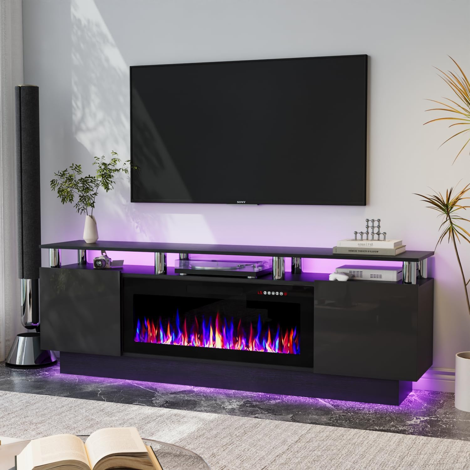 BELLEZE Soporte para Televisor con Chimenea para Televisores de hasta 75", Centro de Entretenimiento con Chimenea Eléctrica de 36", Iluminación Ambiental LED y Almacenamiento, Mesa Consola Multimedia de 69 Pulgadas - Avenue (Blanco)