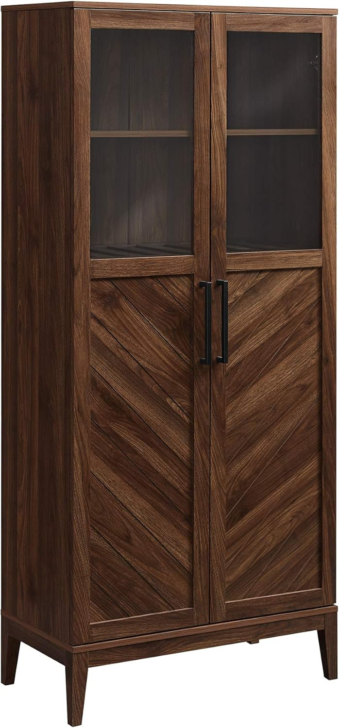 Walker Edison Emma Boho Chevron 2 Door Glass Window Hutch with Bottle Storage, 68 Inch, Dark Walnut