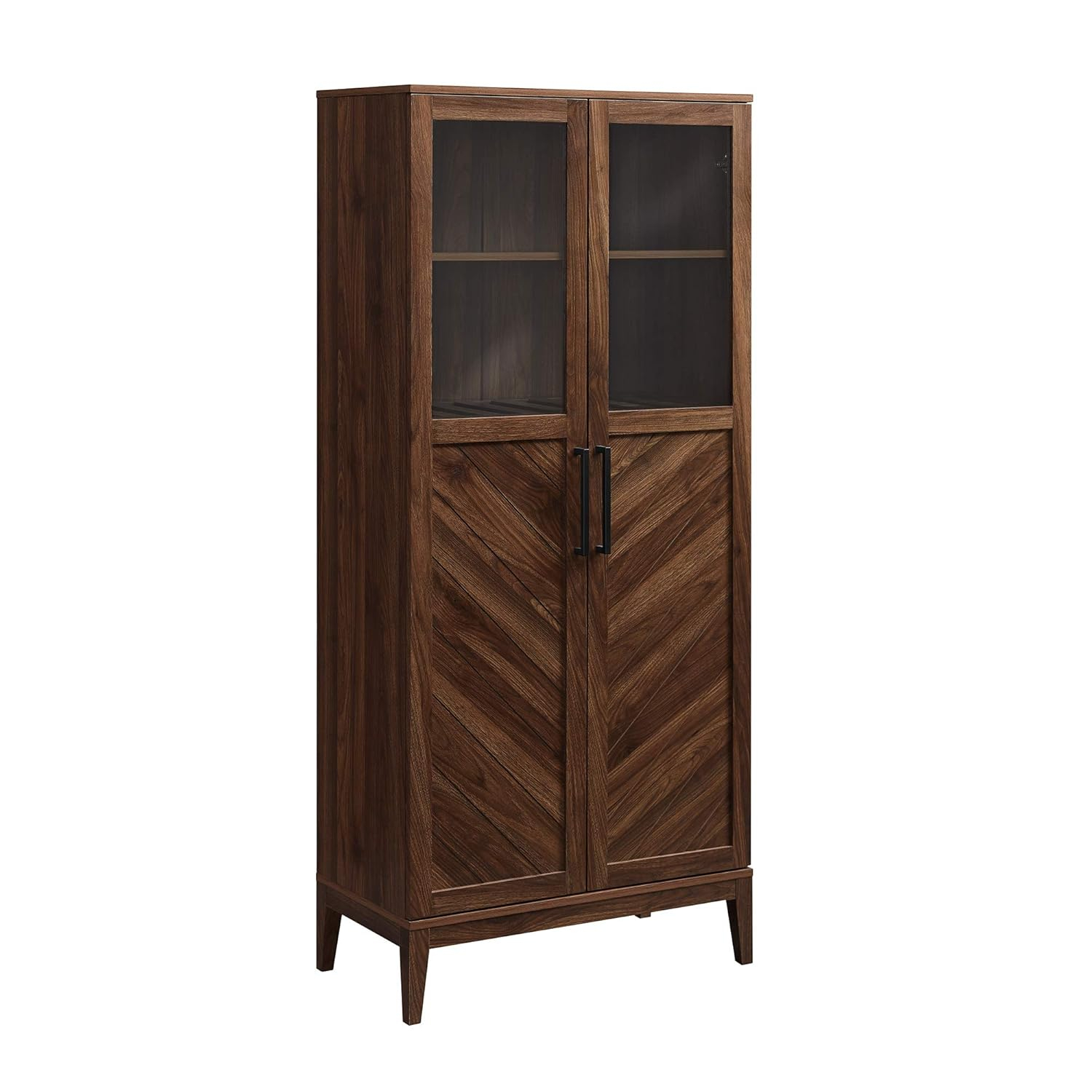 Walker Edison Emma Boho Chevron 2 Door Glass Window Hutch with Bottle Storage, 68 Inch, Dark Walnut