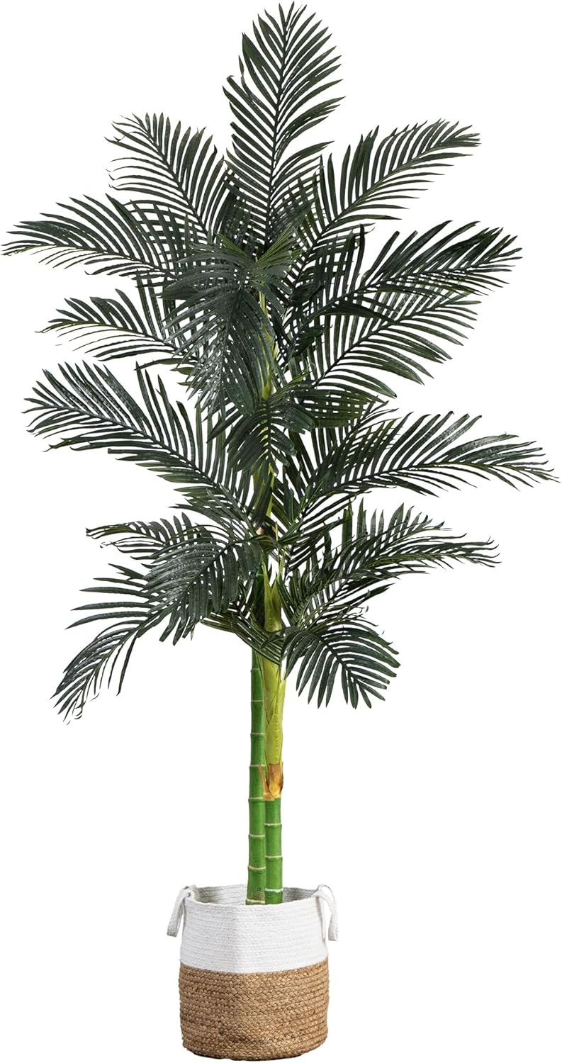 Nearly Natural 8ft. Golden Cane Artificial Palm Tree in Handmade Natural Cotton Planter