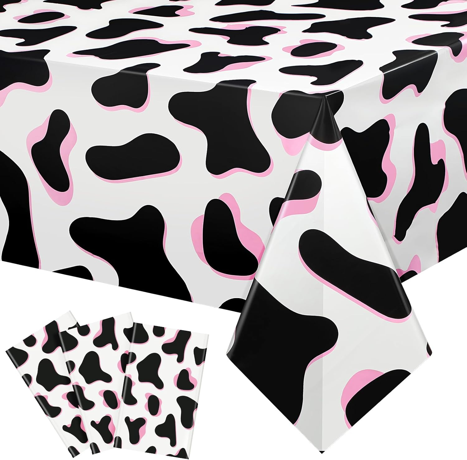 Tiamon 3 Pcs Pink Cow Print Tablecloth 108 x 54 Inch Birthday Party Table Cloth Disposable Plastic Cover for Disco Pink Cowgirl Decorations Supplies