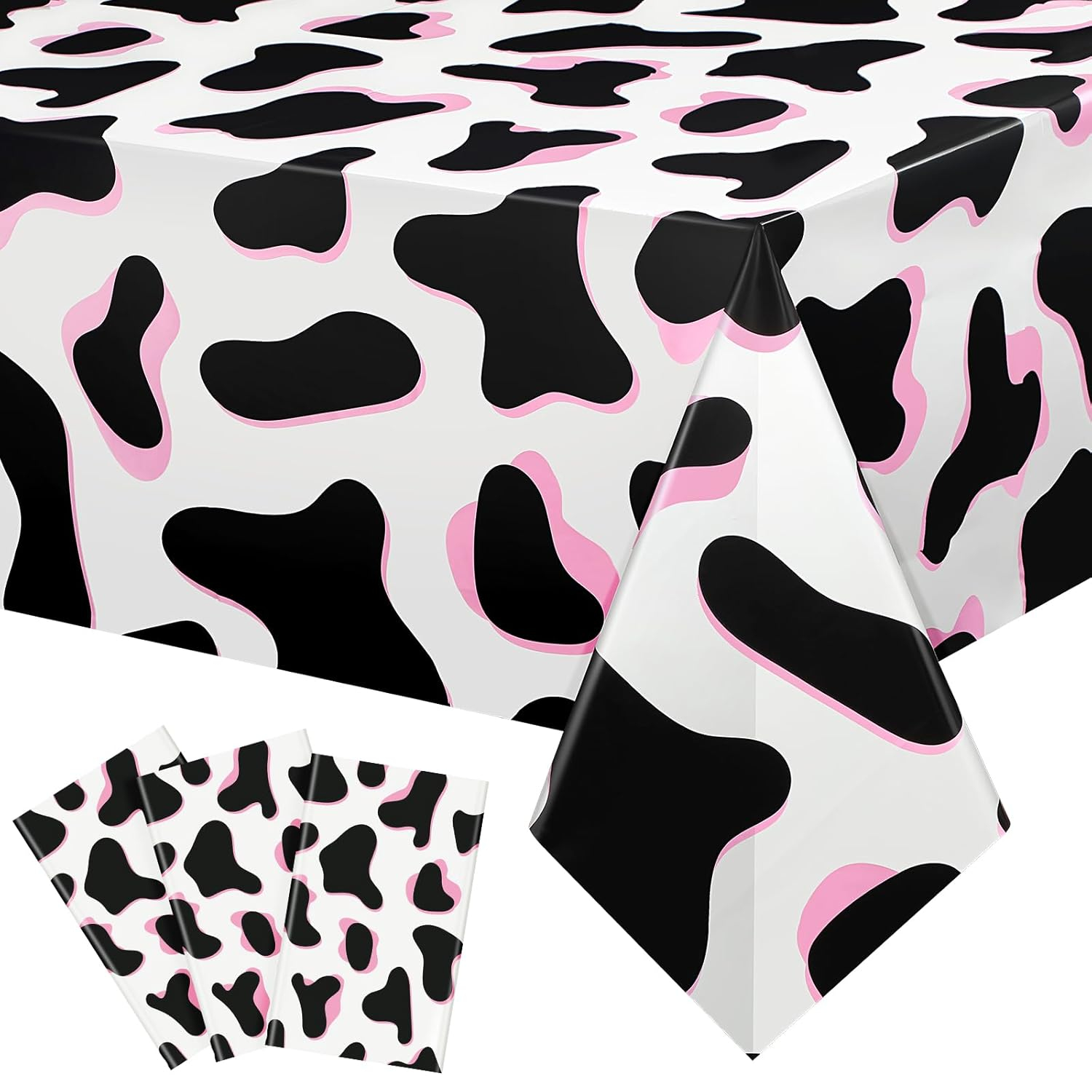 Tiamon 3 Pcs Pink Cow Print Tablecloth 108 x 54 Inch Birthday Party Table Cloth Disposable Plastic Cover for Disco Pink Cowgirl Decorations Supplies