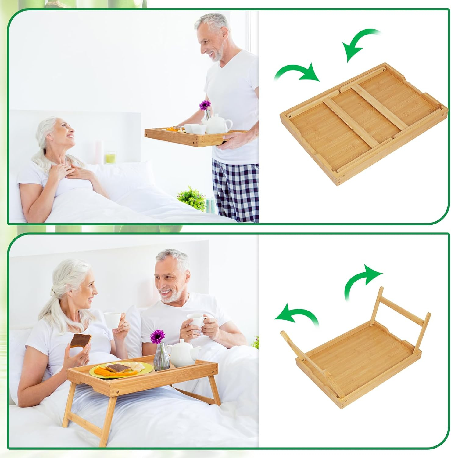 Artmeer Bed Tray Table with Folding Legs, Bamboo Breakfast Food Tray with Media Slot, Use As Platter, Laptop Desk, Snack, TV Tray Kitchen Serving Tray (Bamboo Large)