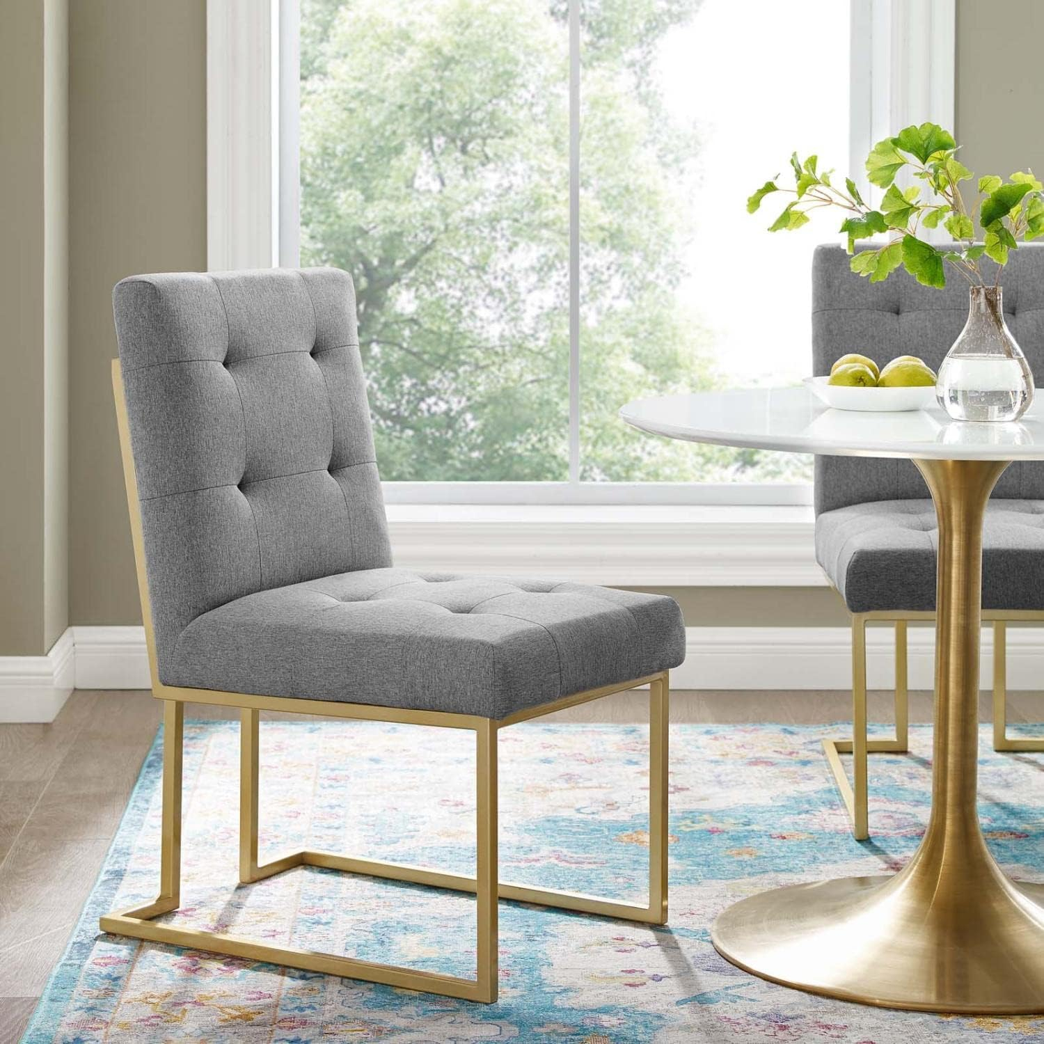 Privy Gold Stainless Steel Upholstered Fabric Dining Accent Chair Gold Light Gray