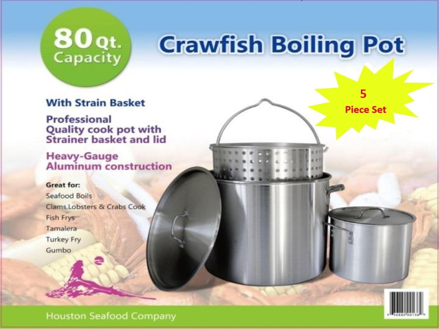 Professional Grade 80 Quart All Purpose Boiling Pot with Basket (3pc) plus a Bonus 12 Quart Stock Pot (2pc) .