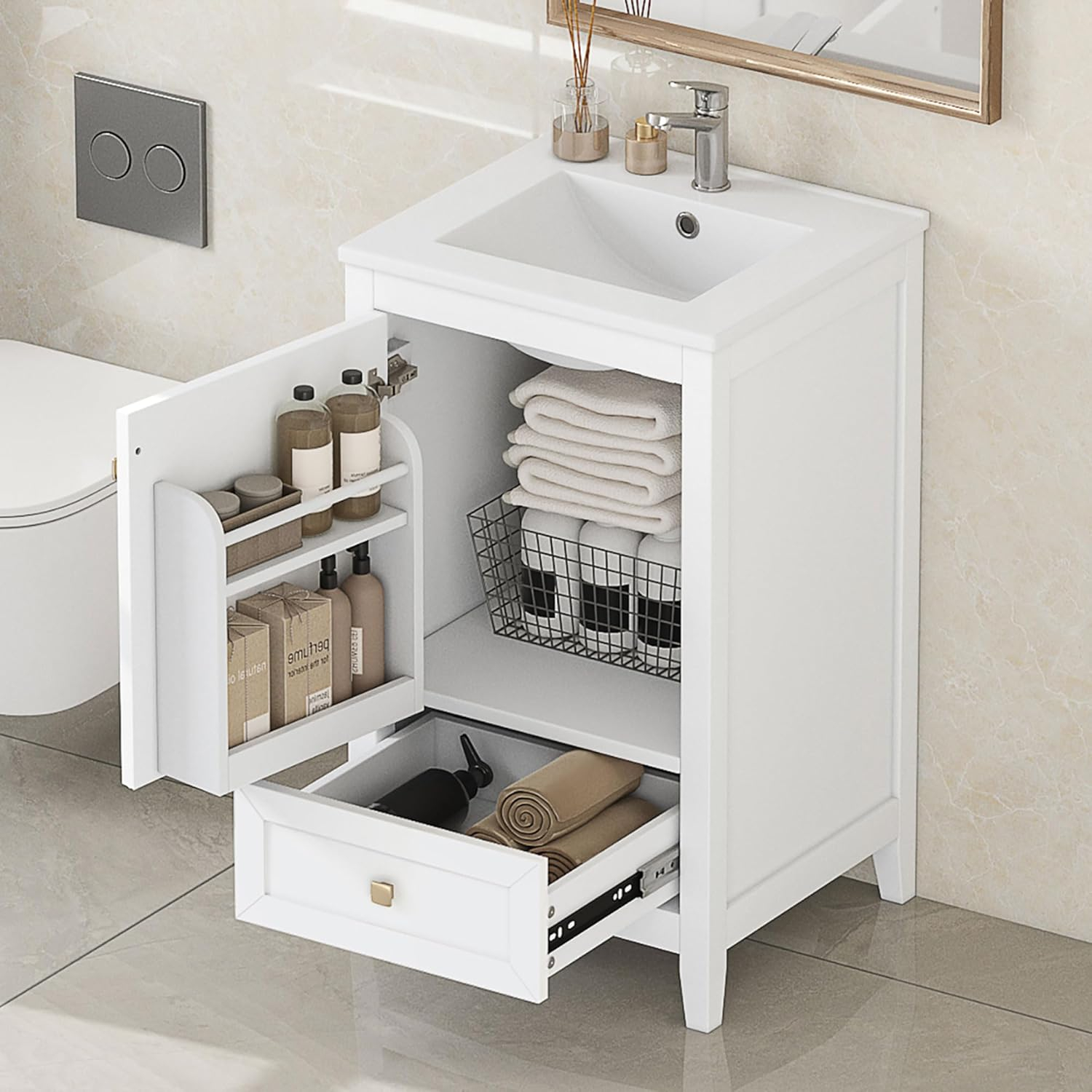 Harper & Bright Designs 20" Bathroom Vanity, Small Single Vanity with Drawer & Soft Closing Doors, Solid Wood Bathroom Cabinet with Storage Rack, Ceramic Sink, White