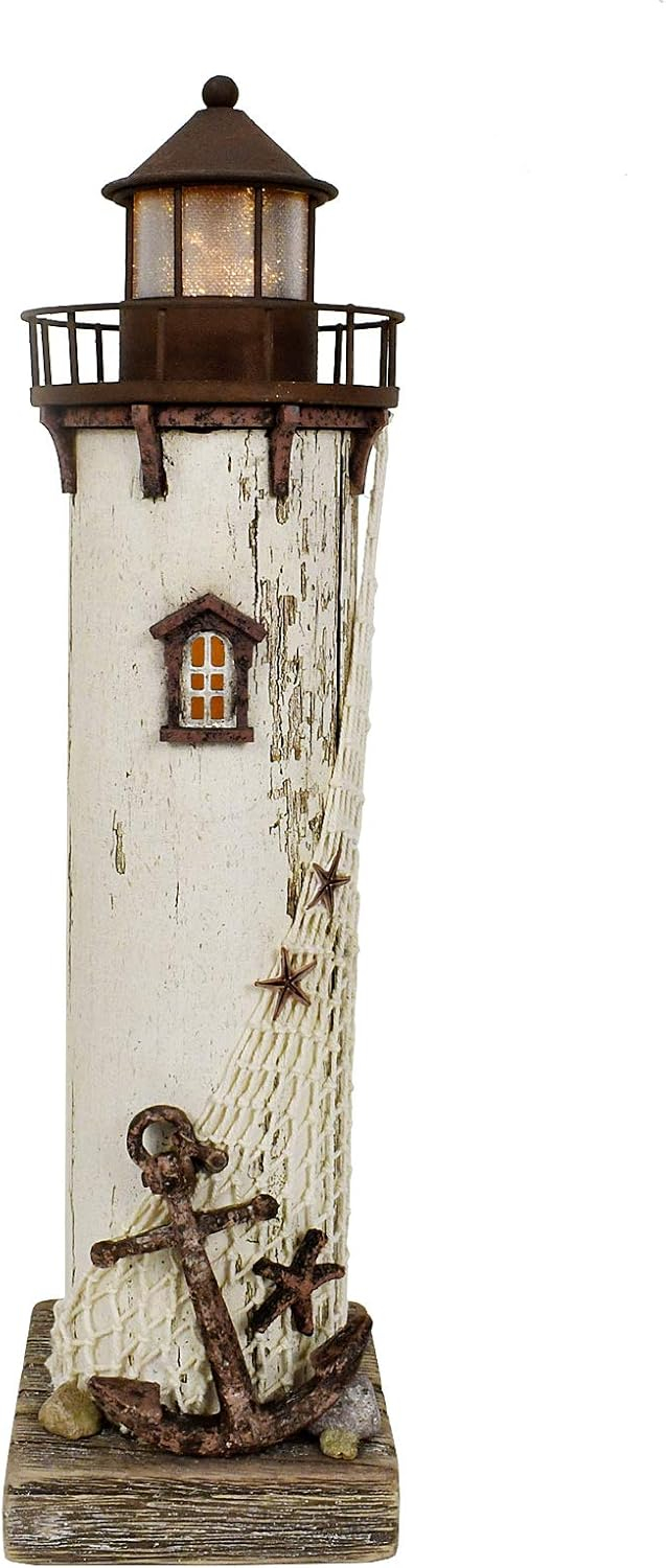 Rustic White and Brown Wooden Lighthouse Decor with LED Light
