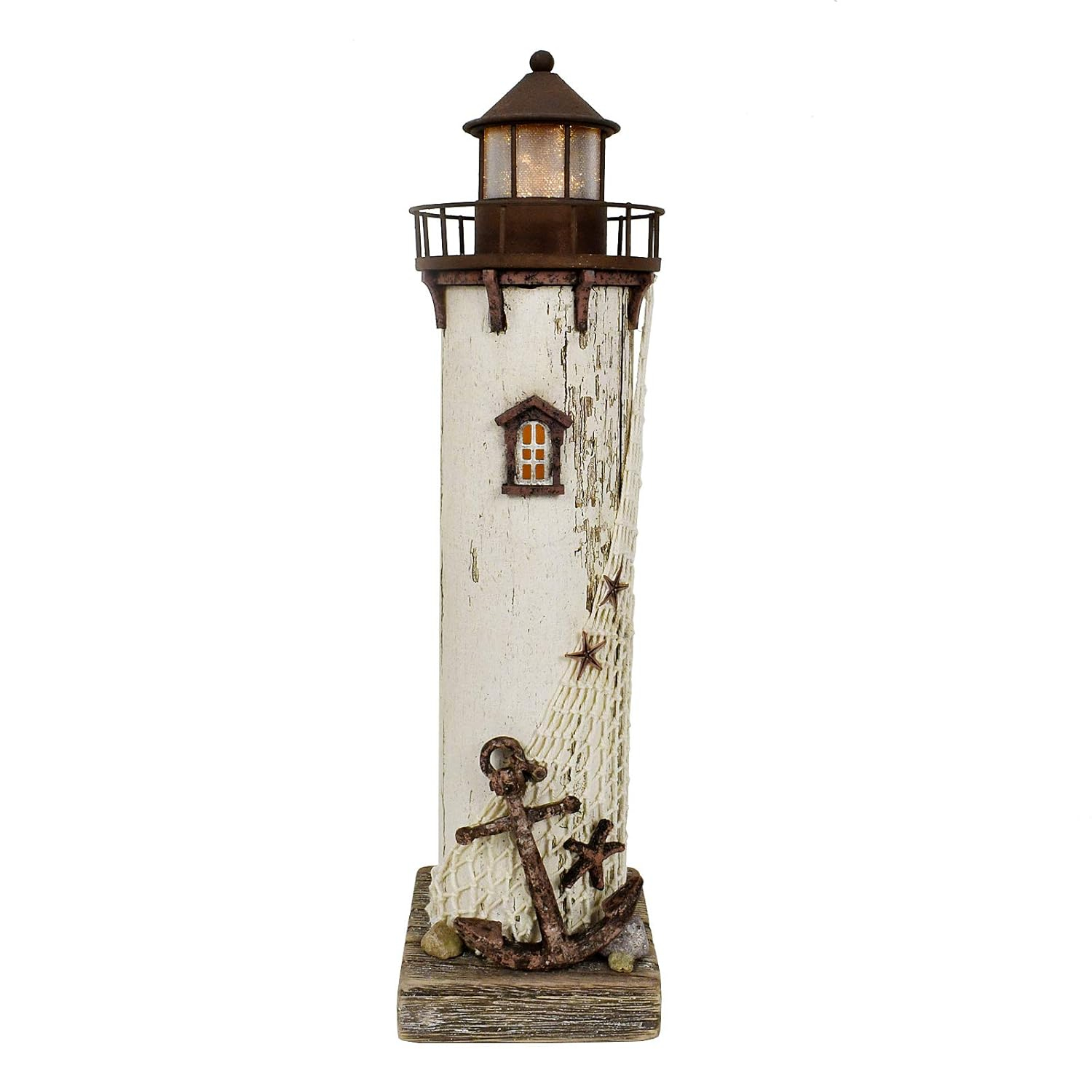 Rustic White and Brown Wooden Lighthouse Decor with LED Light