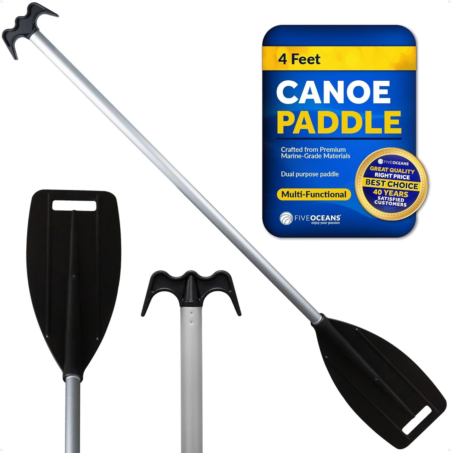 Five Oceans Canoe Paddle, Canoe Paddles and Boat Hook, Black, 4-Feet Long, Anodized Aluminum Shaft, Reinforced ABS Plastic Blade & Hook, Lightweight