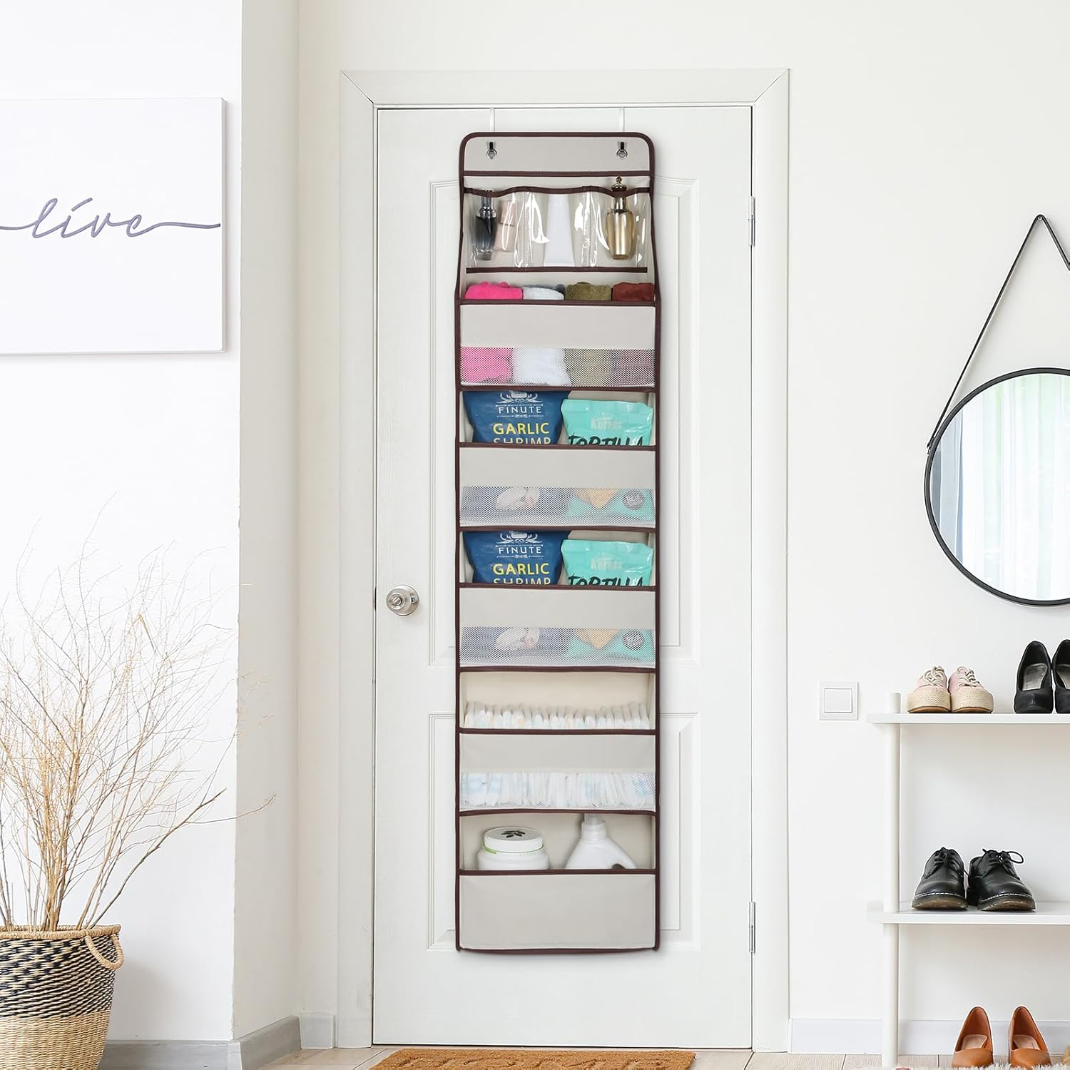 Univivi Door Hanging Organizer Nursery Closet Cabinet Baby Storage with 5 Large Pockets and 3 Small PVC Pockets for Cosmetics, Toys and Sundries (6 Layers - Beige)…