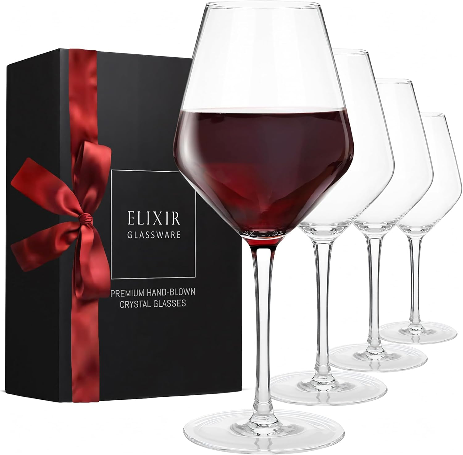 Elixir Glassware Red Wine Glasses - Set of 4 Hand Blown Large Wine Glasses - Long Stem Wine Glasses, Premium Crystal - 22oz, Clear