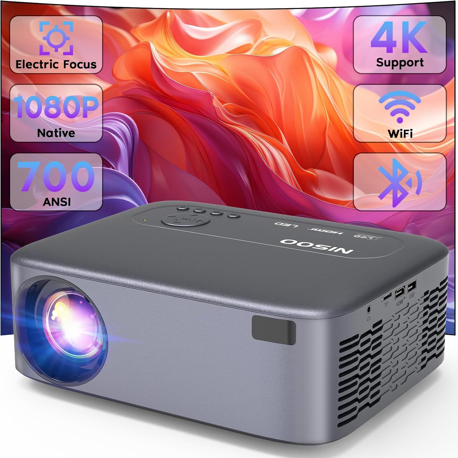【Electric Focus】NISOO Native 1080P Projector, 4K Supported Projector with WiFi and Bluetooth, Zoom Function, Outdoor Movie for Phone/Laptop/TV Stick/DVD/USB/HDMI