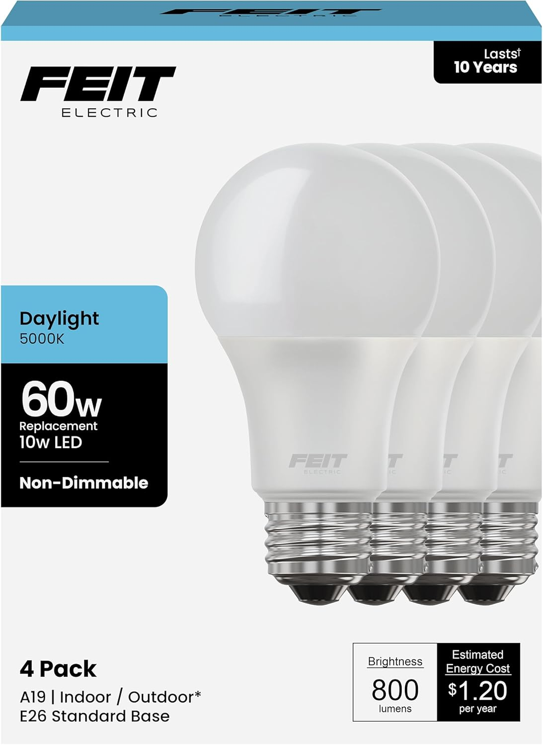 Feit Electric A19 E26 (Medium) LED Bulb Daylight 60 Watt Equivalence 4 pk