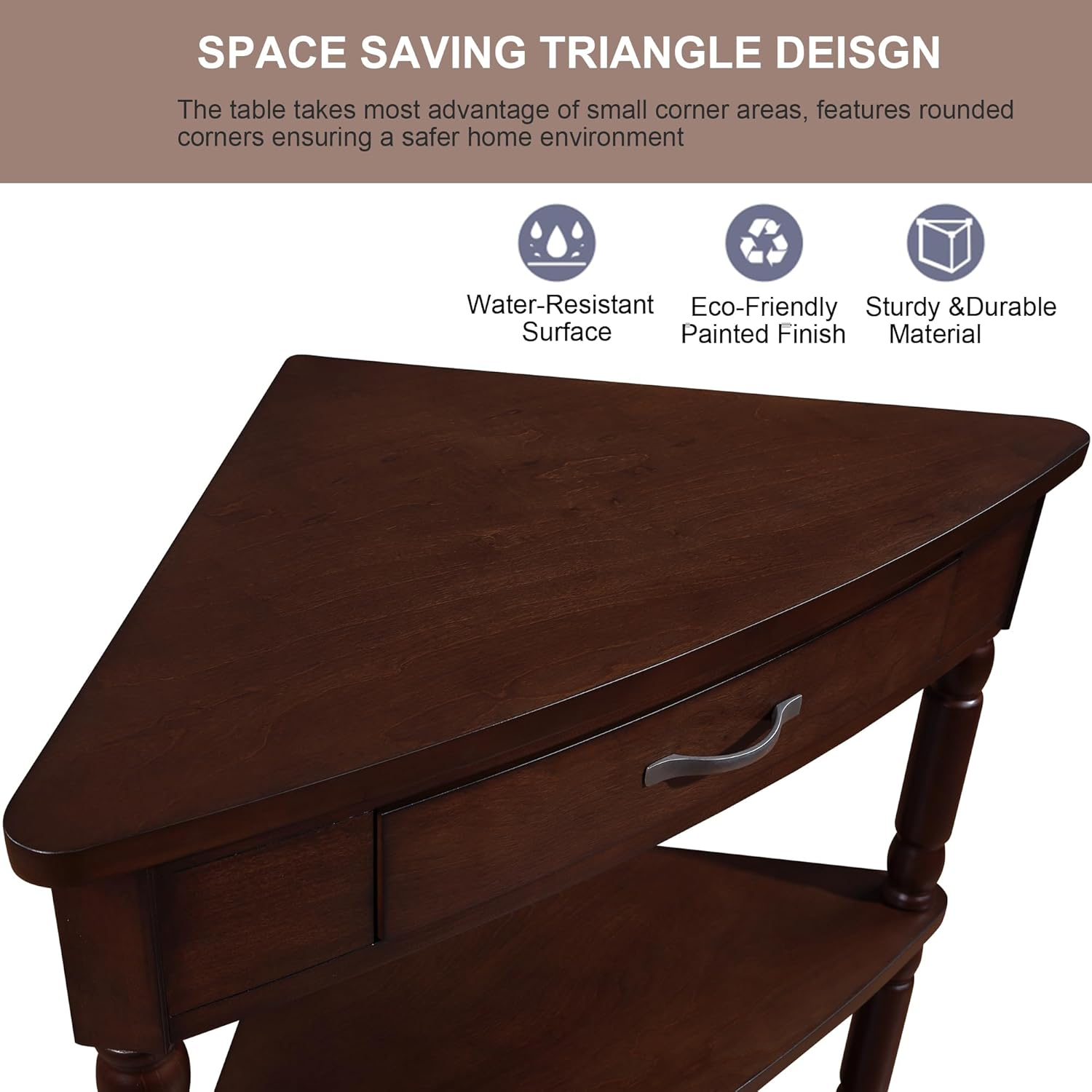 Light Espresso Triangular Wood Corner Table with Drawer and Shelves