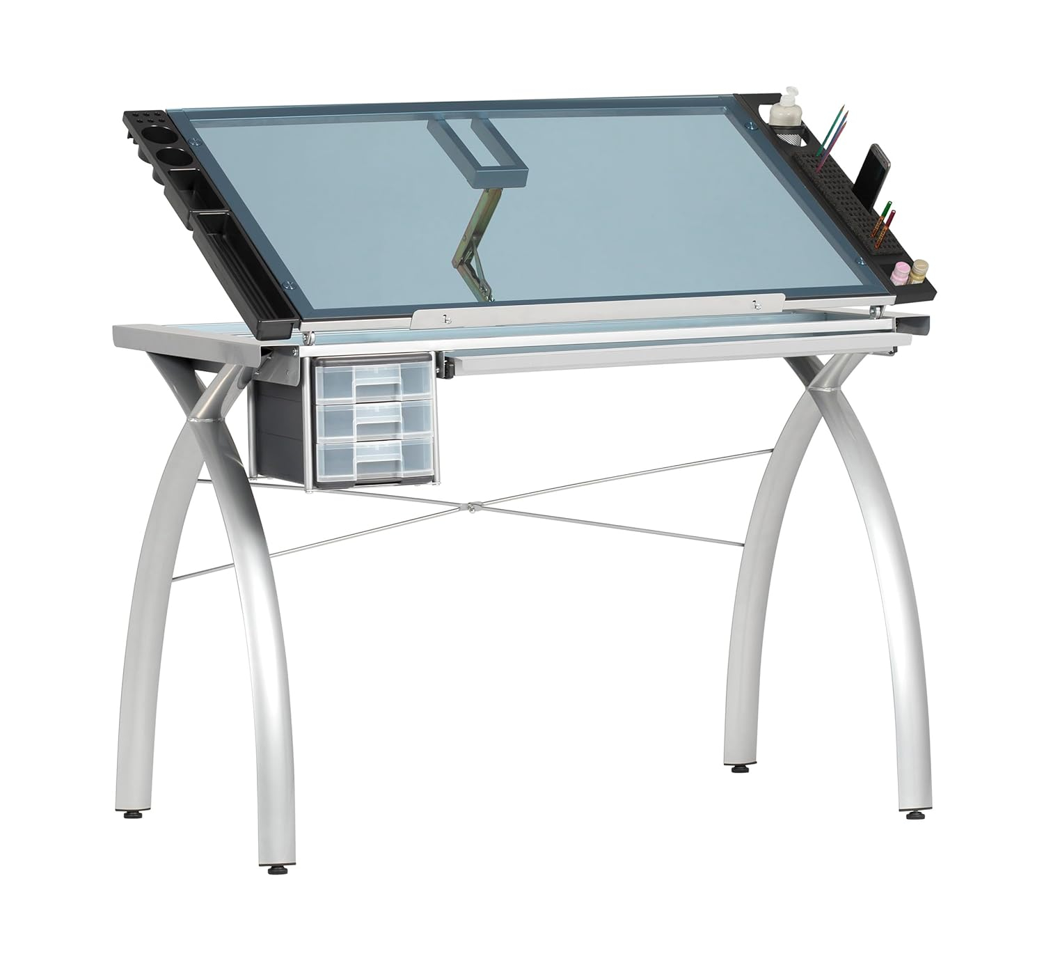 Studio Designs Futura Crafting, Drafting, Drawing Table with Adjustable Top, Silver/Blue Glass- Height 31.50 in.