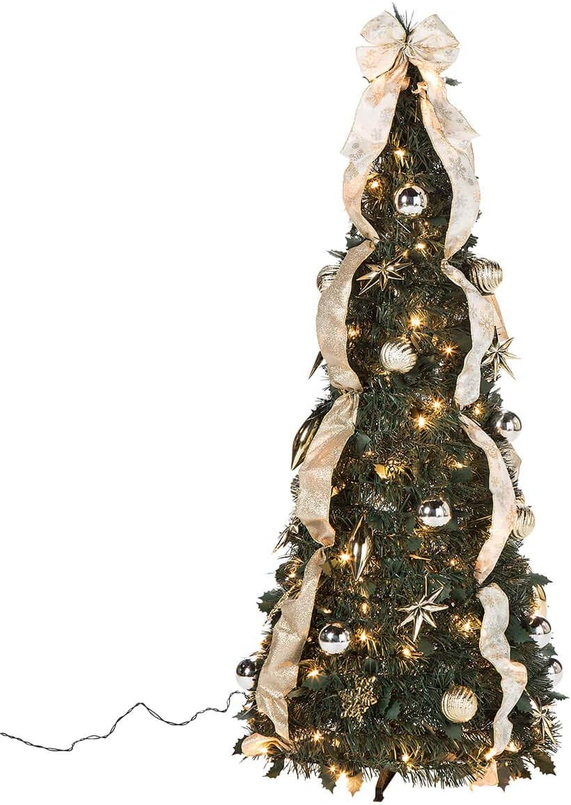 4' Silver & Gold Pull-Up Christmas Tree by Holiday Peak, Pre-Lit and Fully Decorated, Collapses for Easy Storage