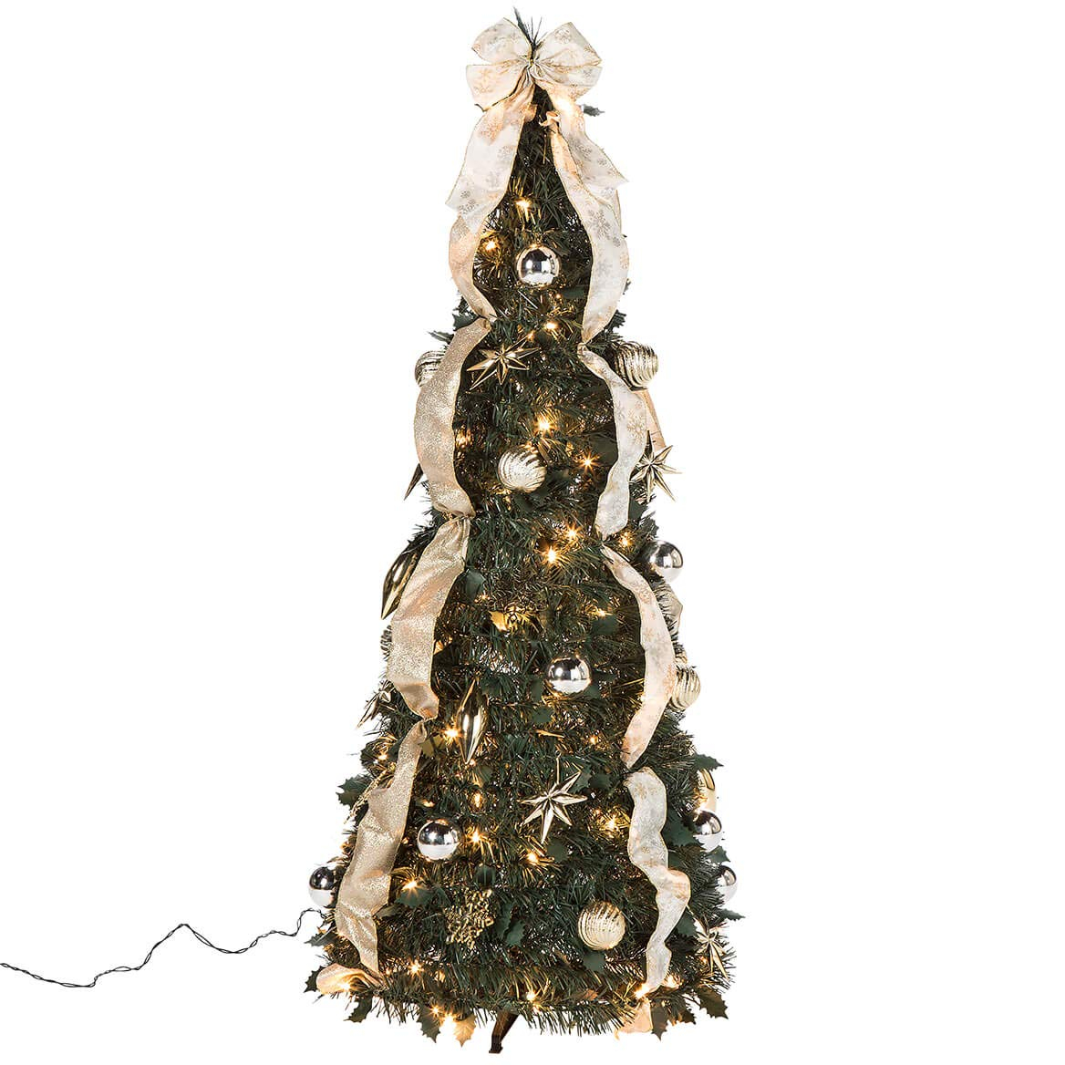 4' Silver & Gold Pull-Up Christmas Tree by Holiday Peak, Pre-Lit and Fully Decorated, Collapses for Easy Storage