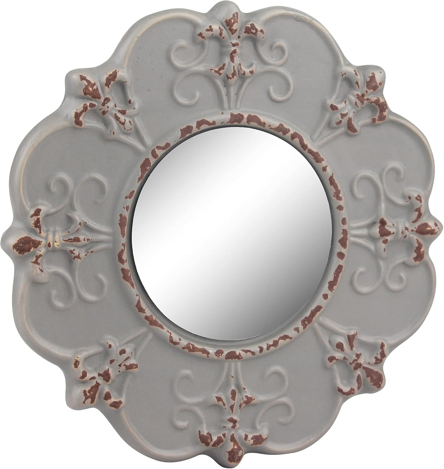 Stonebriar 8" Round Light Gray Ceramic Accent Wall Mirror with Attached Hanging Loop, Decorative Vintage Decor for the Living Room, Bedroom, Hallway, and Entryway