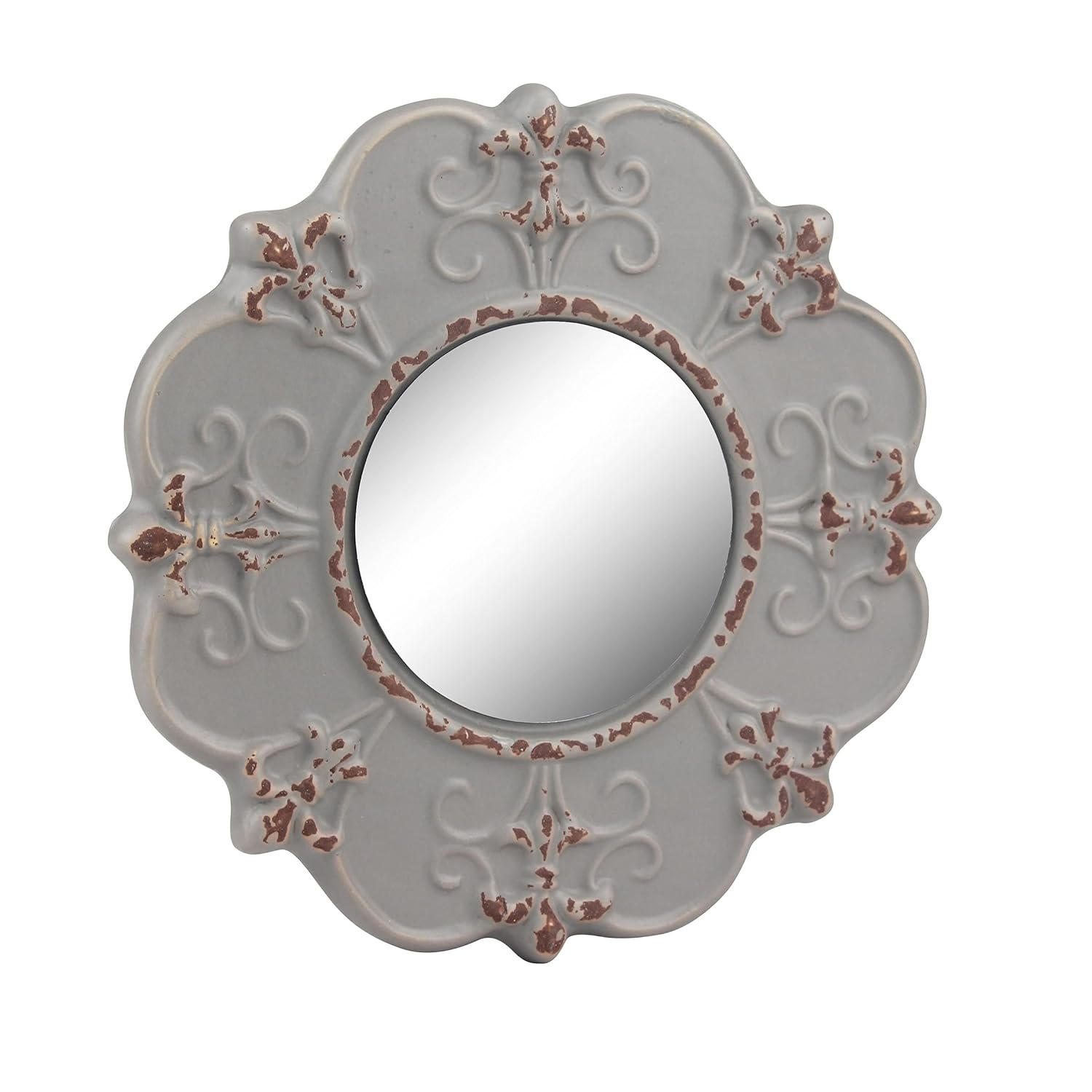 Stonebriar 8" Round Light Gray Ceramic Accent Wall Mirror with Attached Hanging Loop, Decorative Vintage Decor for the Living Room, Bedroom, Hallway, and Entryway