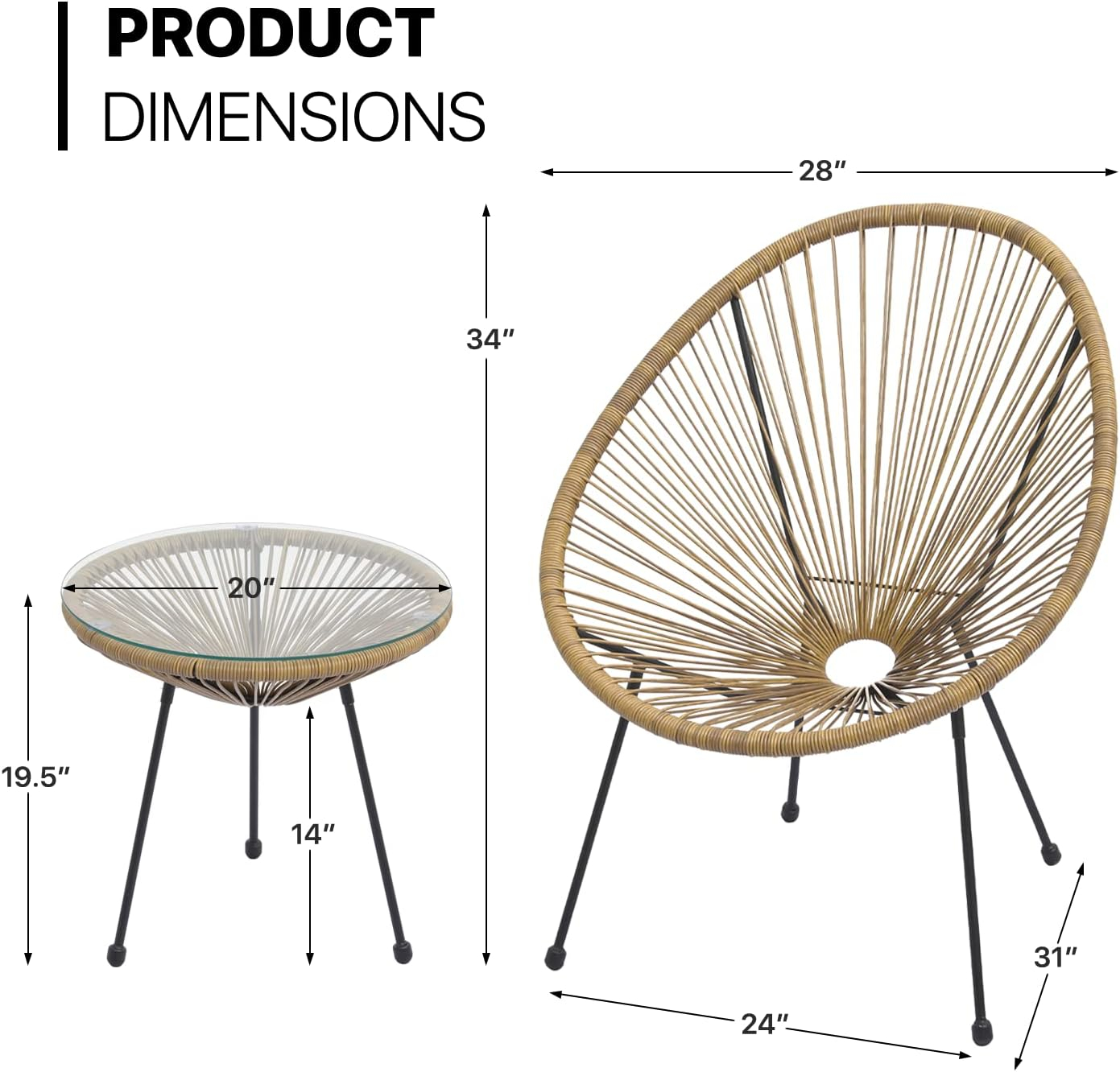 MoNiBloom 3 Pieces Outdoor Patio Furniture Rattan Wicker Table and Chairs Set, Conversation Bistro Set with Tempered Glass Tabletop for Porch Balcony Backyard Pool, Natural