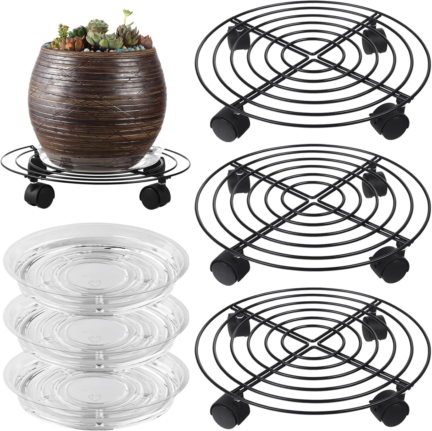 5 Packs Large Metal Plant Caddy 13.8” Plant Dolly with Wheels Heavy-Duty Wrought Iron Rolling Plant Stand with Casters for Indoor and Outdoor Plant Pot Rollers Black, Plastic Saucers Included