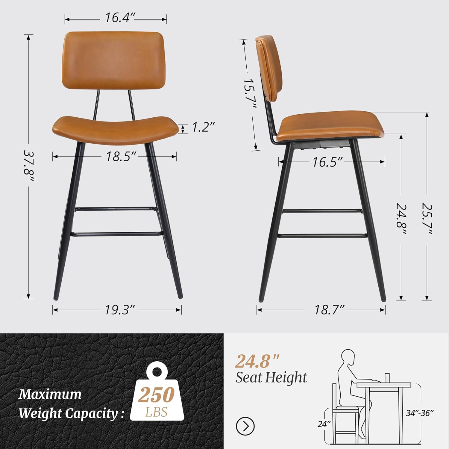 Dycanpo 24.5" Counter Height Bar Stools Set of 2, Faux Leather Upholstered Barstools, Brown