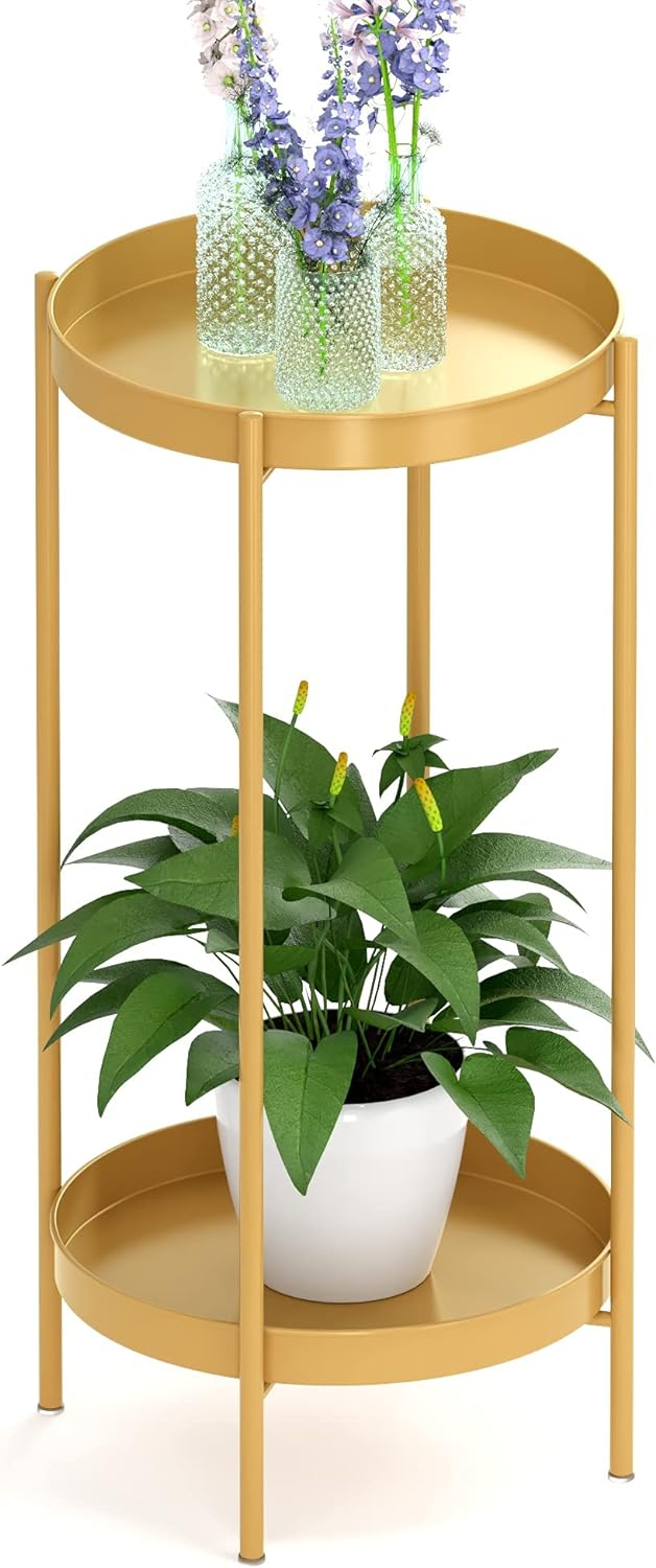 Gold 2-Tier Metal Plant Stand with Round Trays