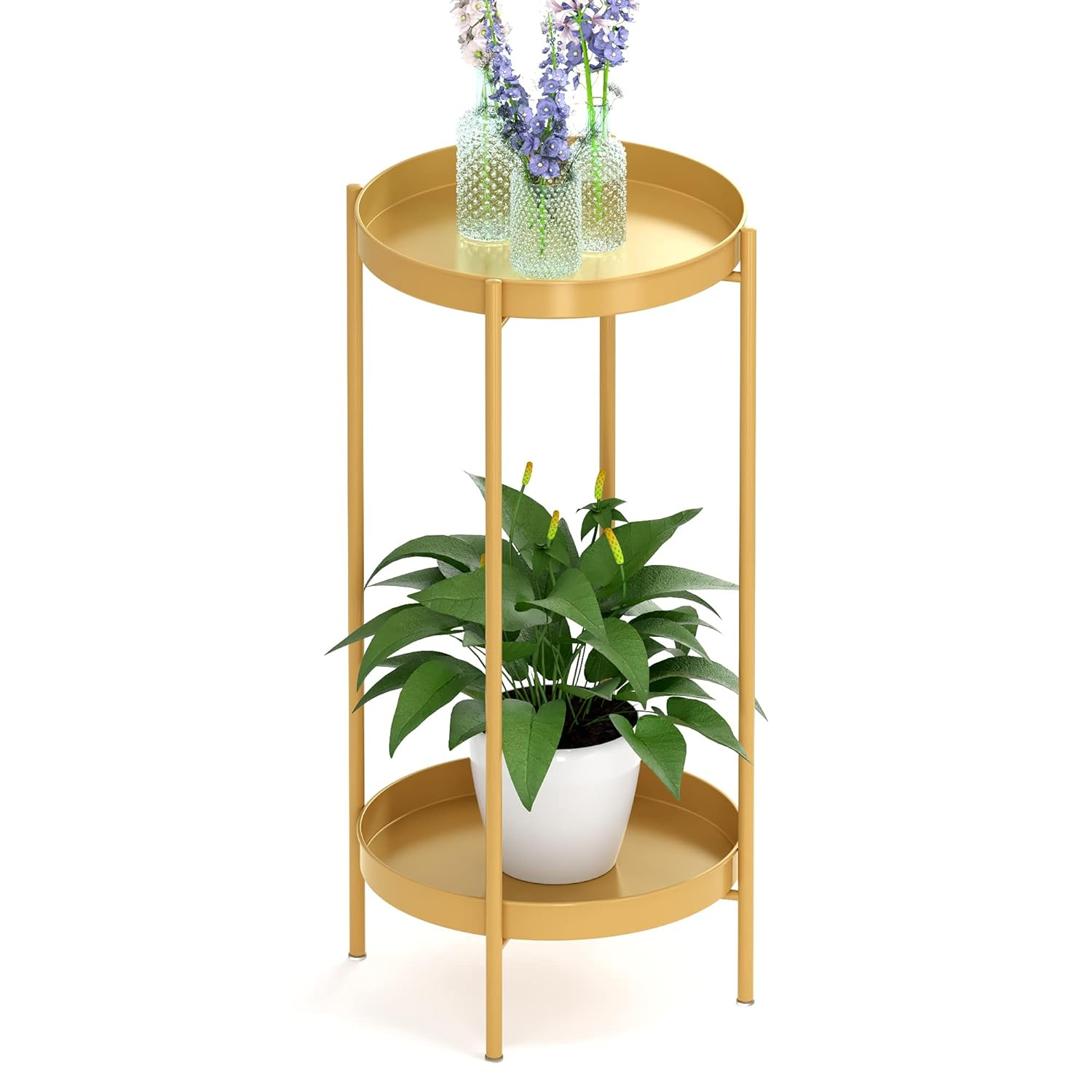 OVICAR Plant Stand Indoor Outdoor - Flower Pot Holder Metal Plant Rack Organizer, 2 Tiers Tall Plant Display Storage Shelf Table For Home Garden Patio Bathroom Office Living Room Balcony Corner (gold)