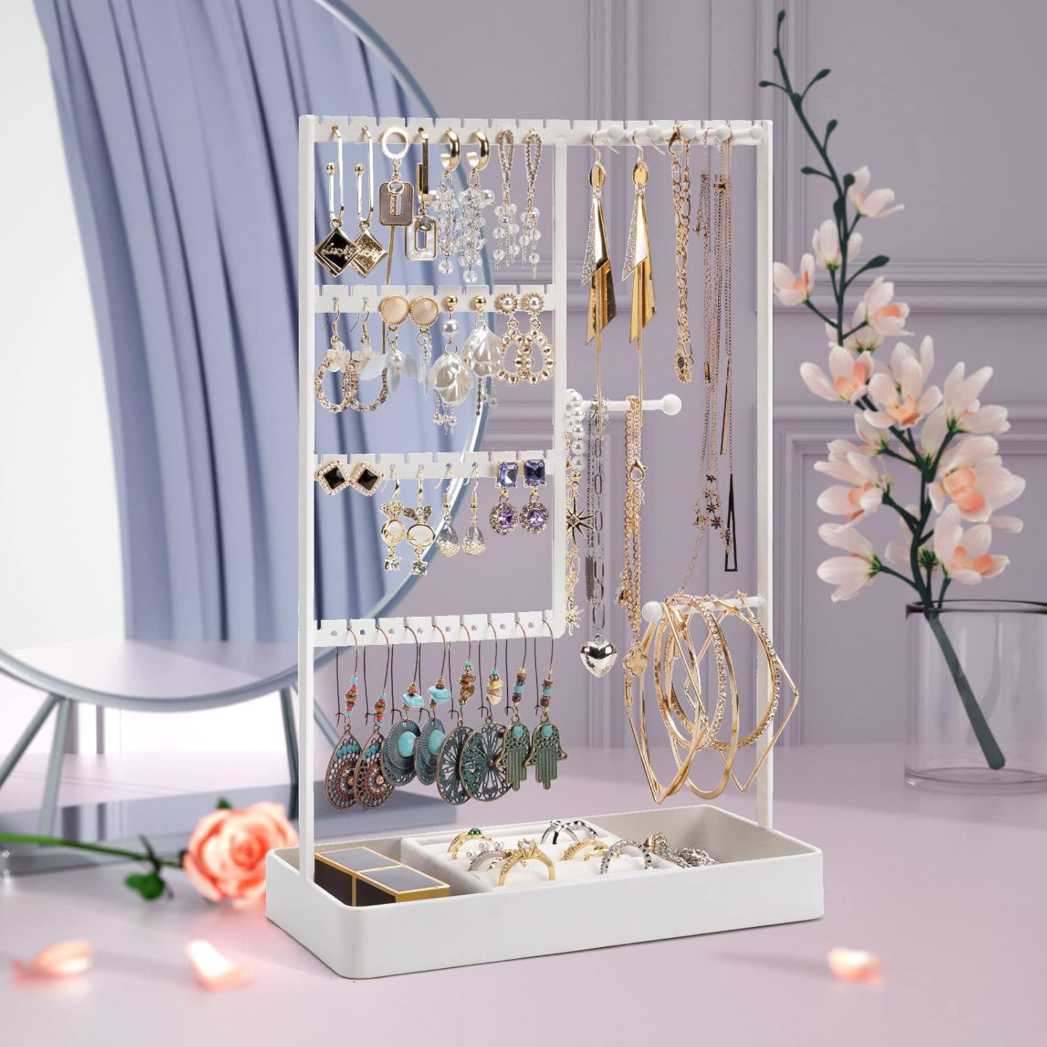 Jewelry Organizer, 4-Tier Earring & Necklace Holder with Metal Tray, Stand for Stud Earrings, Bracelets & Rings (White)