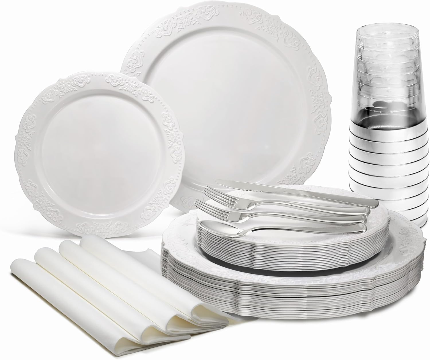 " OCCASIONS " 320 Piece set (40 Guests)-Vintage Wedding Party Disposable Plastic Plates & cutlery -40 x 10'' + 40 x 7.5'' + Silverware + 12oz Cups + Napkins (Verona White)