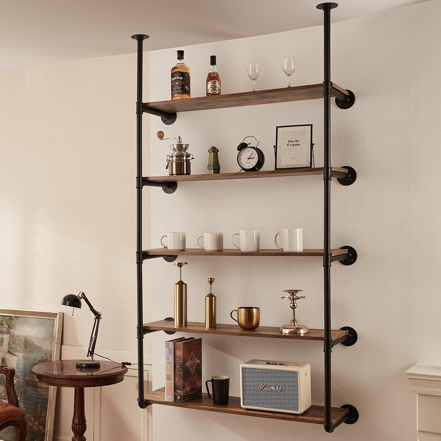 VEVOR Industrial Pipe Shelf, 5 Tier 2PCS, 9.84in Applicable Board Width Wall-Mount Floating Rustic Wood Shelves Bracket Bookshelf,Storage Holder for Kitchen Bedroom Bathroom, (Planks NOT Included)