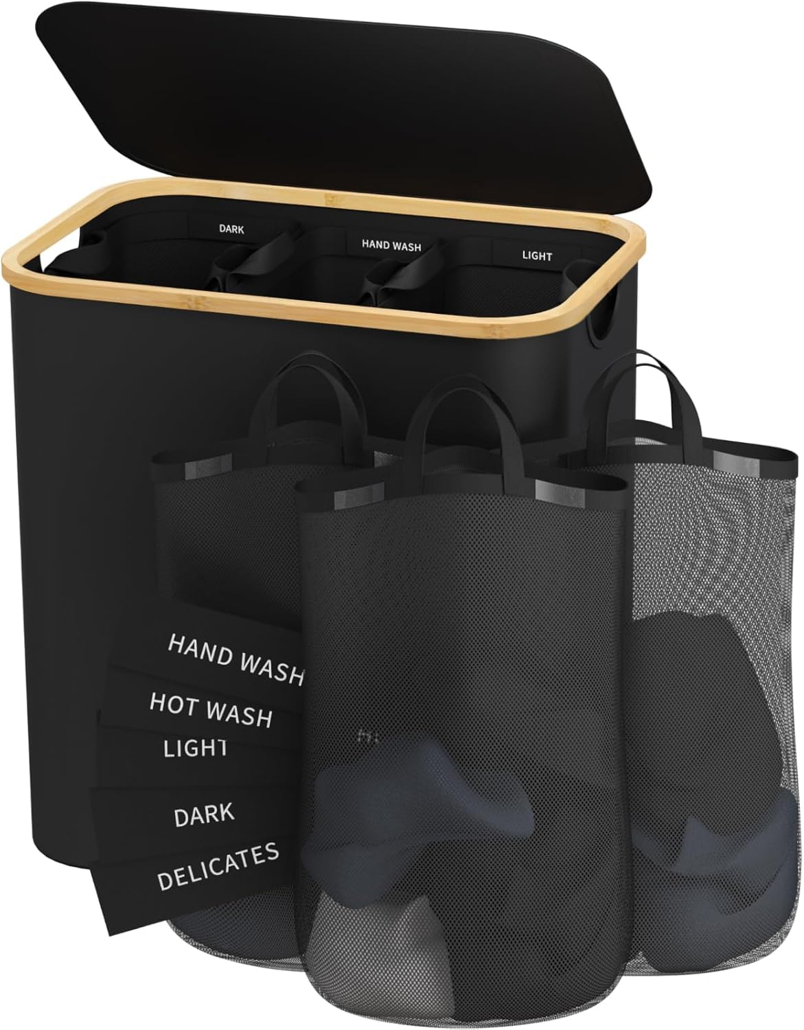 Laundry Hamper with Lid, 160L Dirty Clothes Hamper for Laundry Basket 3 Section, Extra Large Laundry Sorter Hamper 3 Compartment with Removable Inner Bags & Labels, Black