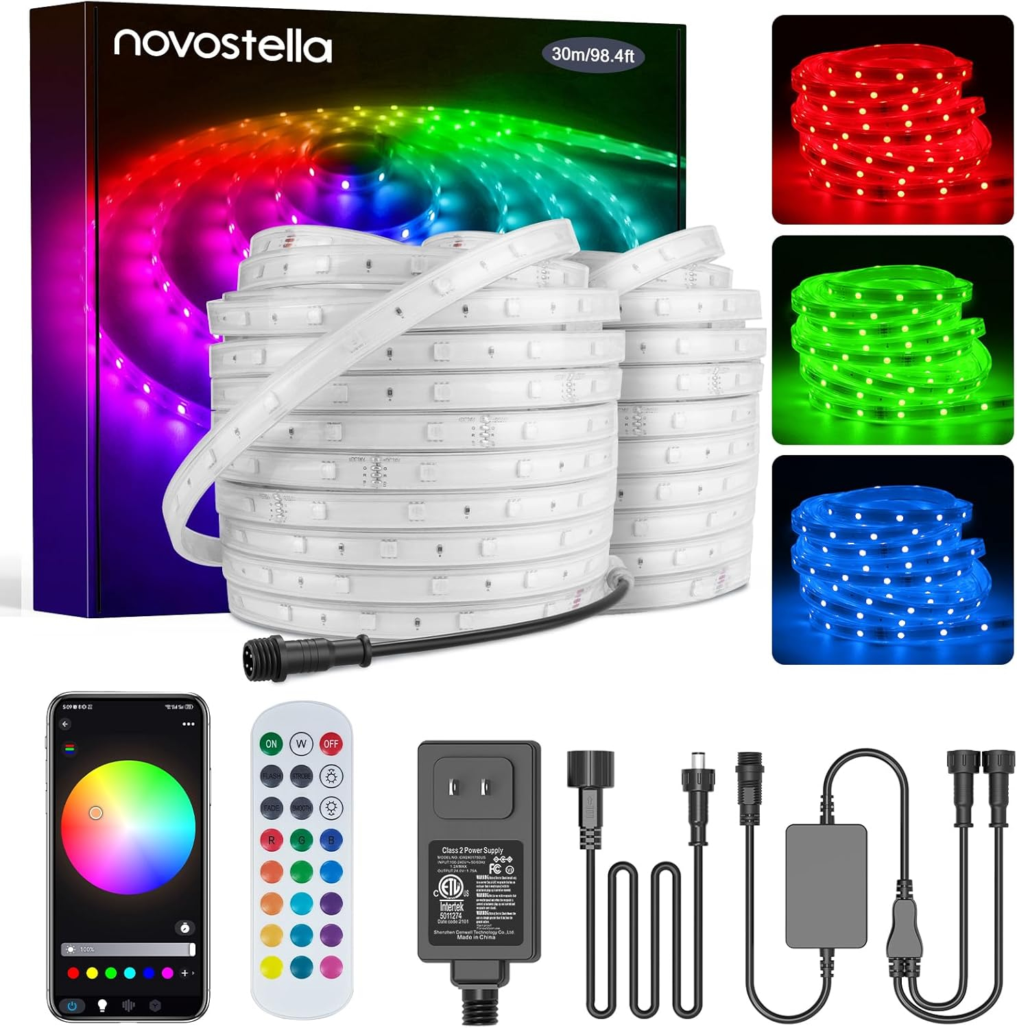 Novostella 98.4ft (49.2x2) Smart LED Outdoor Rope Light, Music Sync RGB Strip Lights, App Control and RF Remote Color Changing Dimmable Tape Exterior Lighting Kit, for Garden Stairs Party, 24V IP65