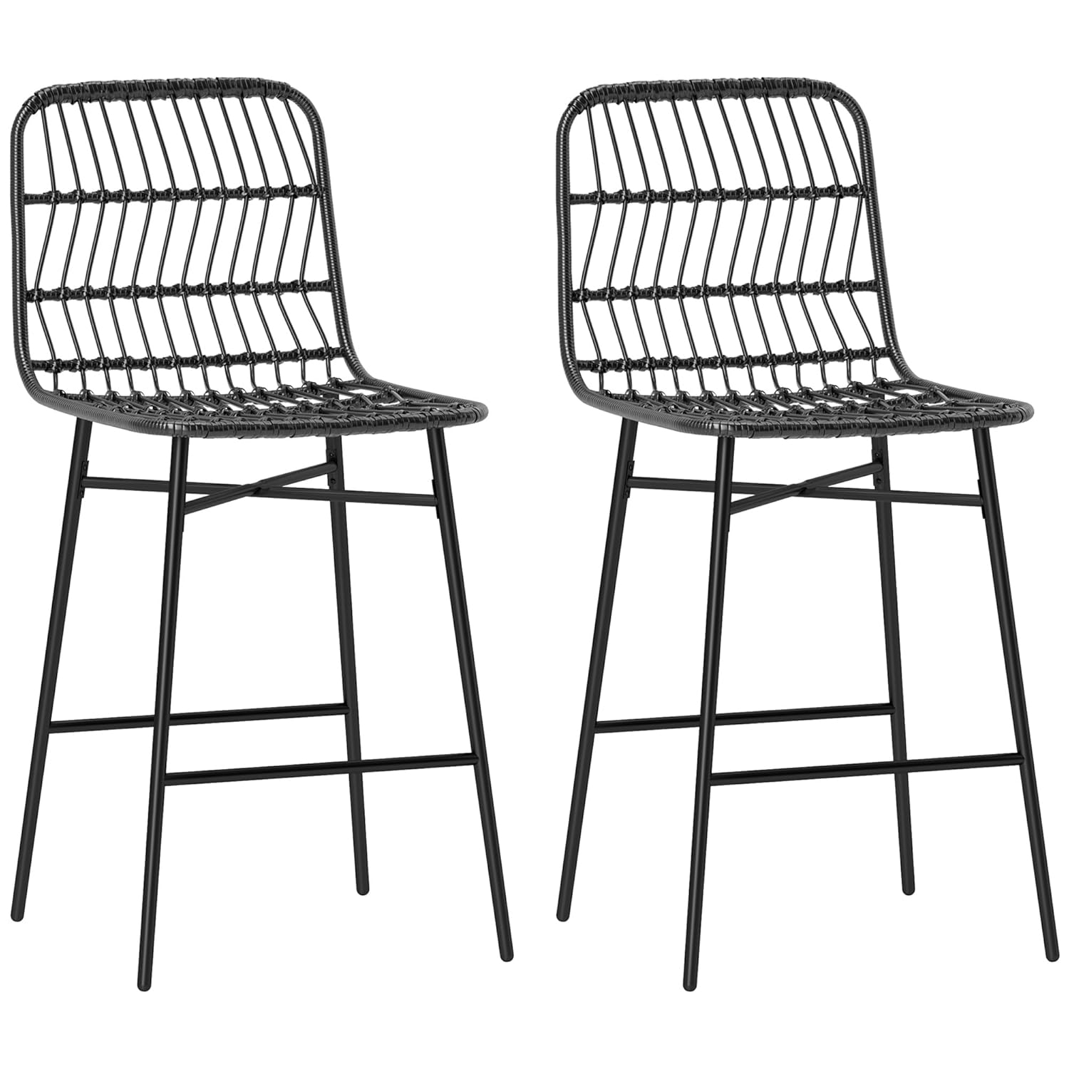 HOMCOM Rattan Counter Height Bar Stools Set of 2 Barstools with Back, Black